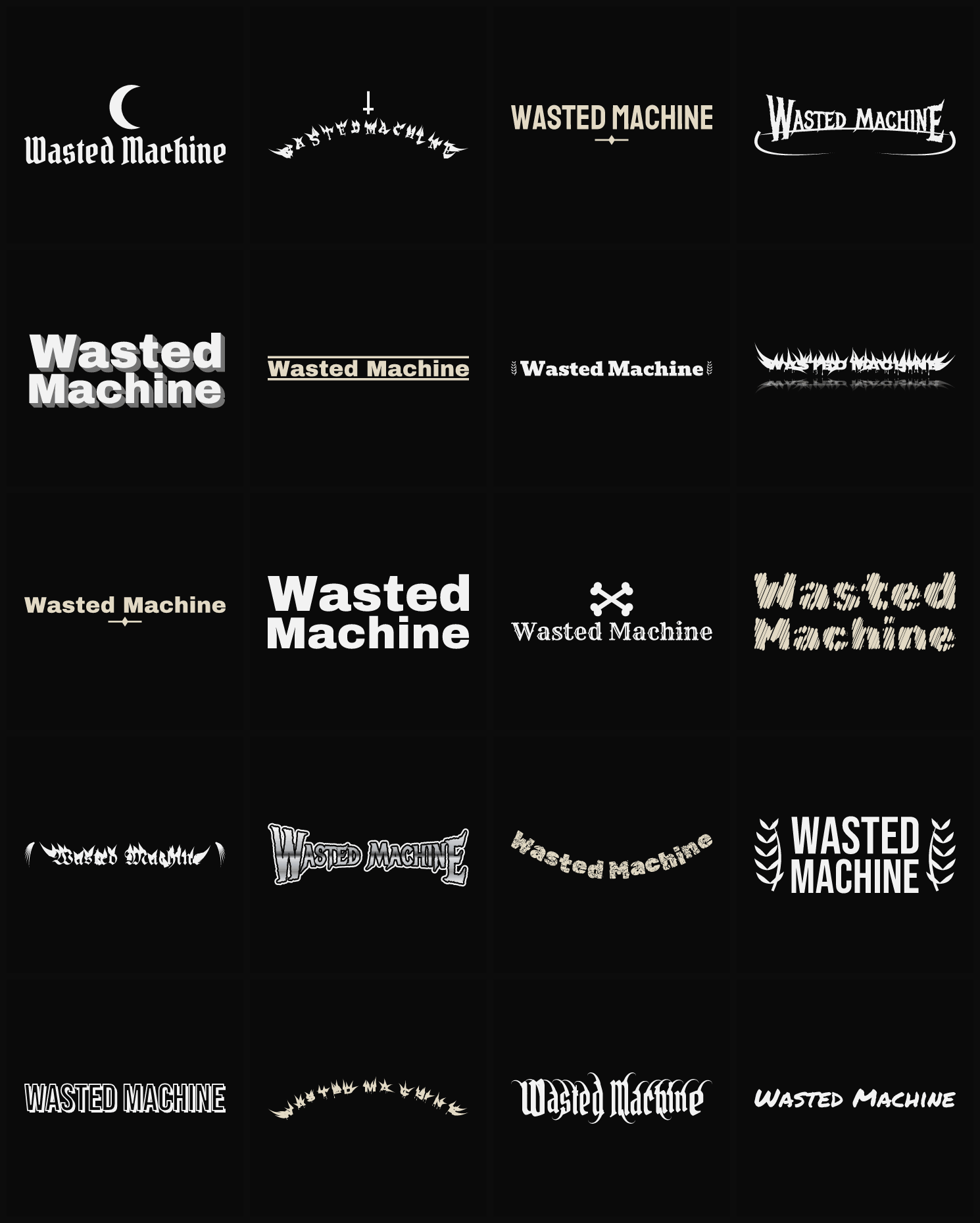 Twenty Wasted Machine band logo ideas — different faces, treatments and spike settings