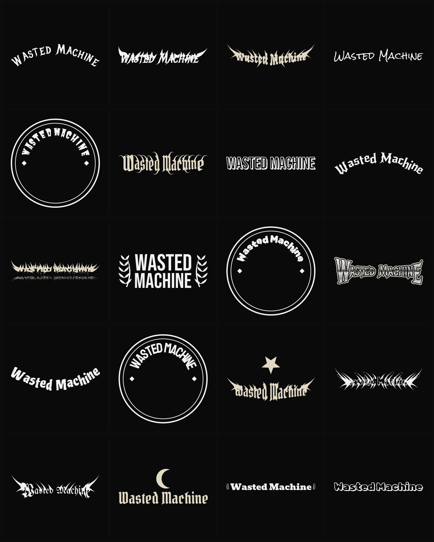 Twenty Wasted Machine band logo ideas — different faces, treatments and spike settings