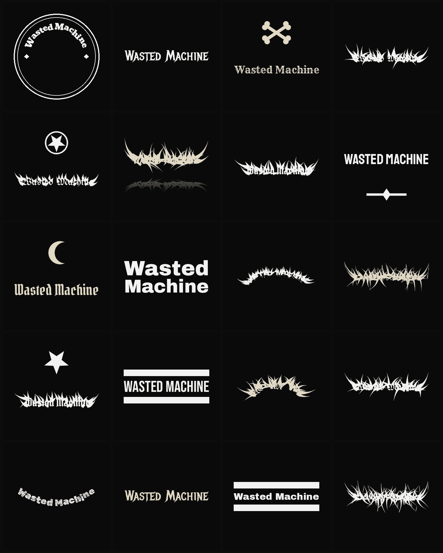 Twenty Wasted Machine band logo ideas — different faces, treatments and spike settings
