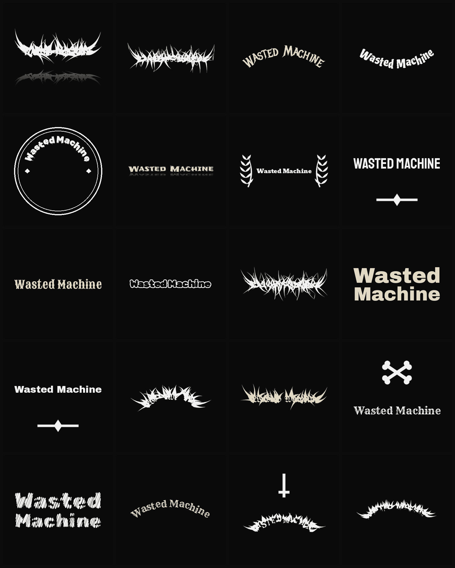 Twenty Wasted Machine band logo ideas — different faces, treatments and spike settings