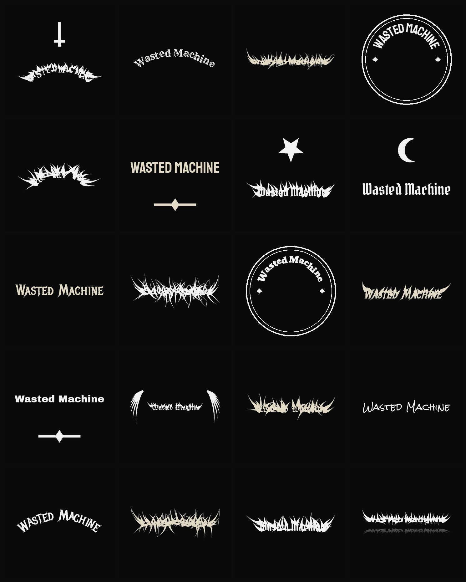 Twenty Wasted Machine band logo ideas — different faces, treatments and spike settings