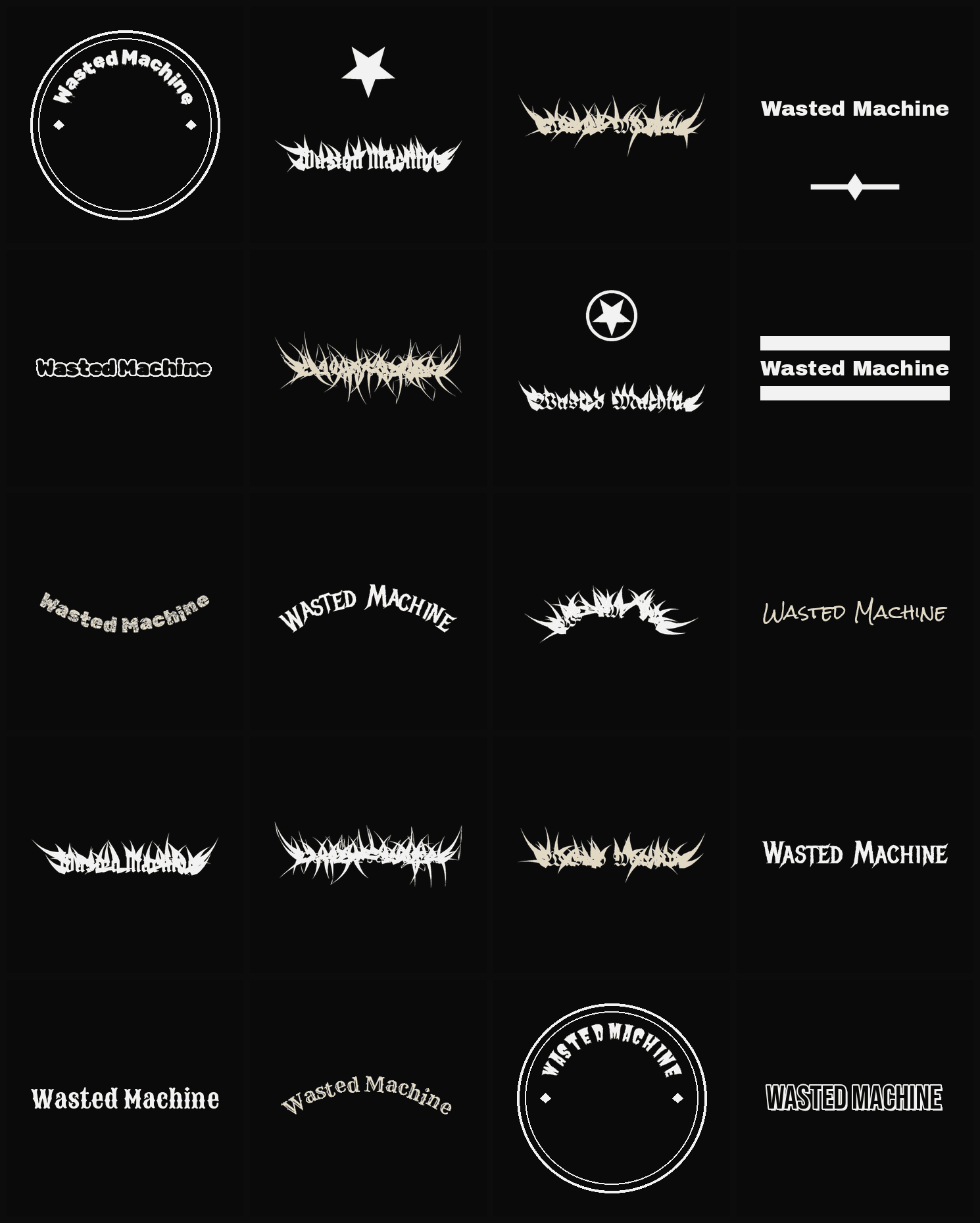 Twenty Wasted Machine band logo ideas — different faces, treatments and spike settings
