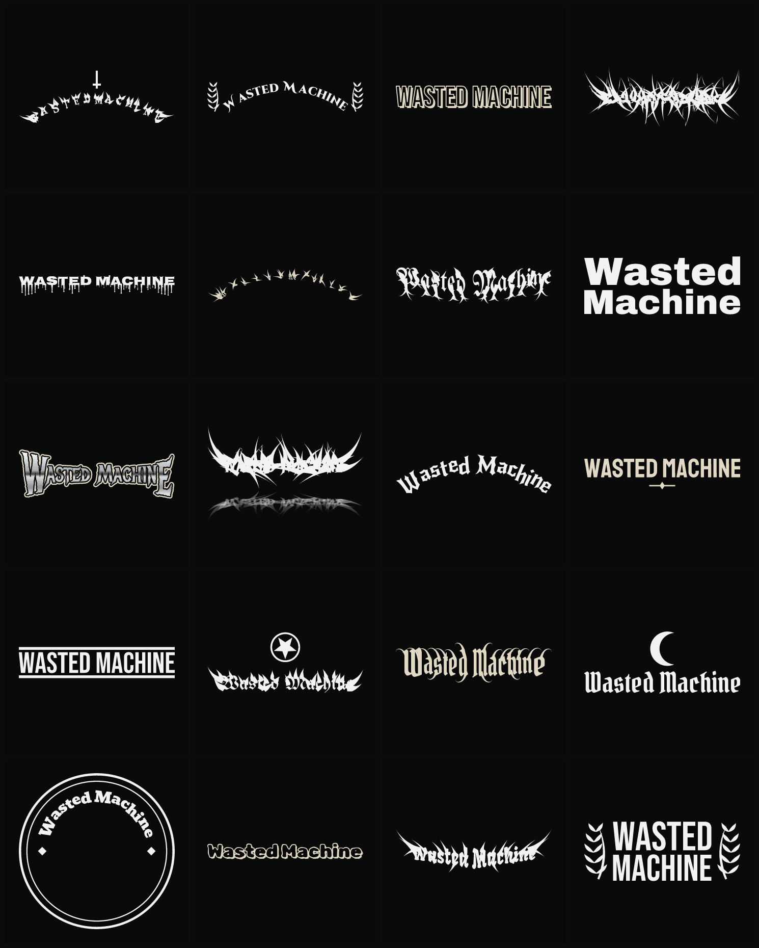 Twenty Wasted Machine band logo ideas — different faces, treatments and spike settings