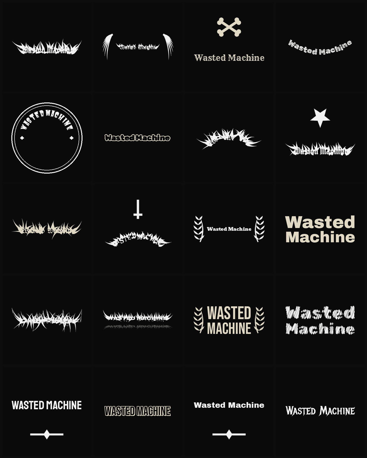 Twenty Wasted Machine band logo ideas — different faces, treatments and spike settings