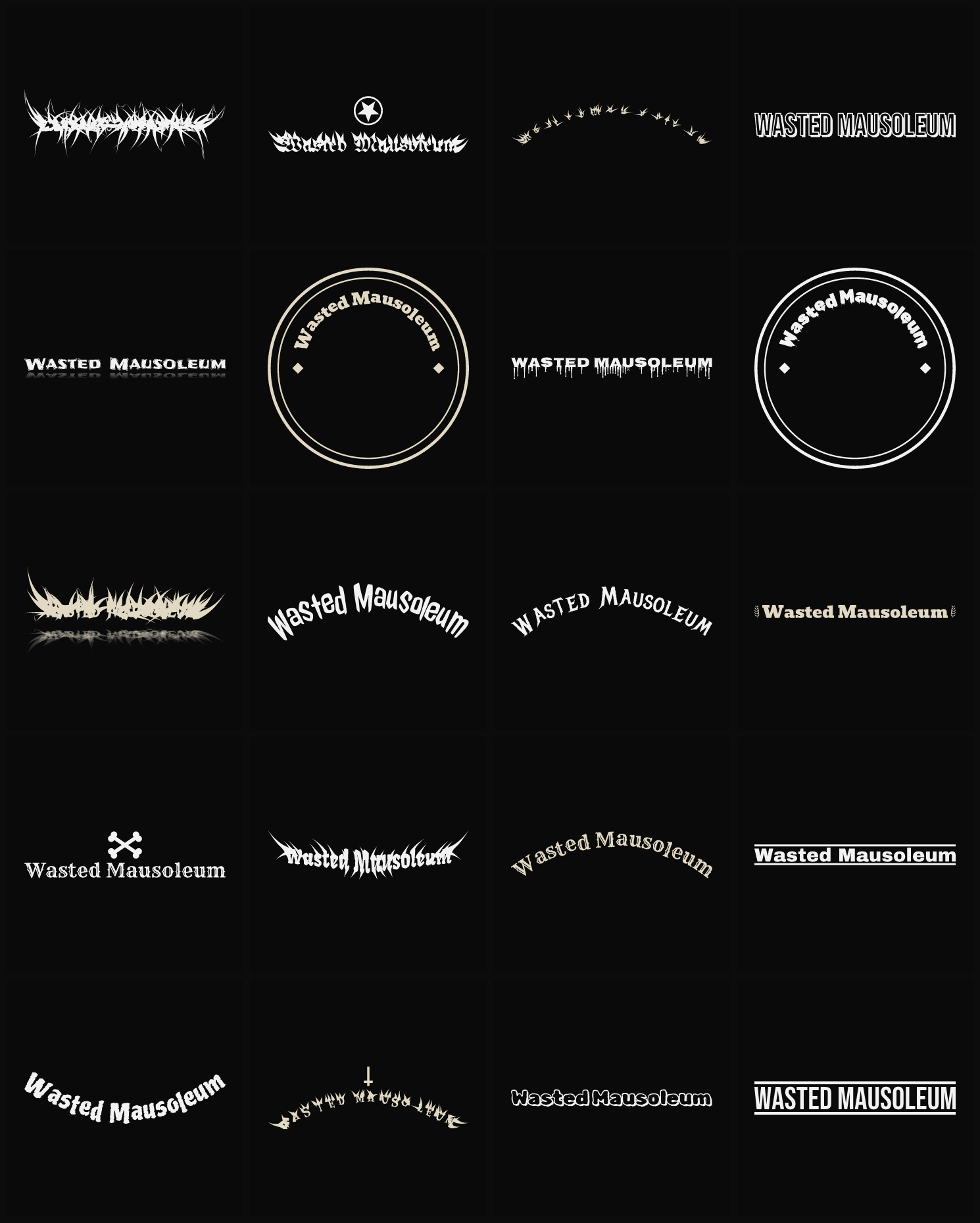 Twenty Wasted Mausoleum band logo ideas — different faces, treatments and spike settings