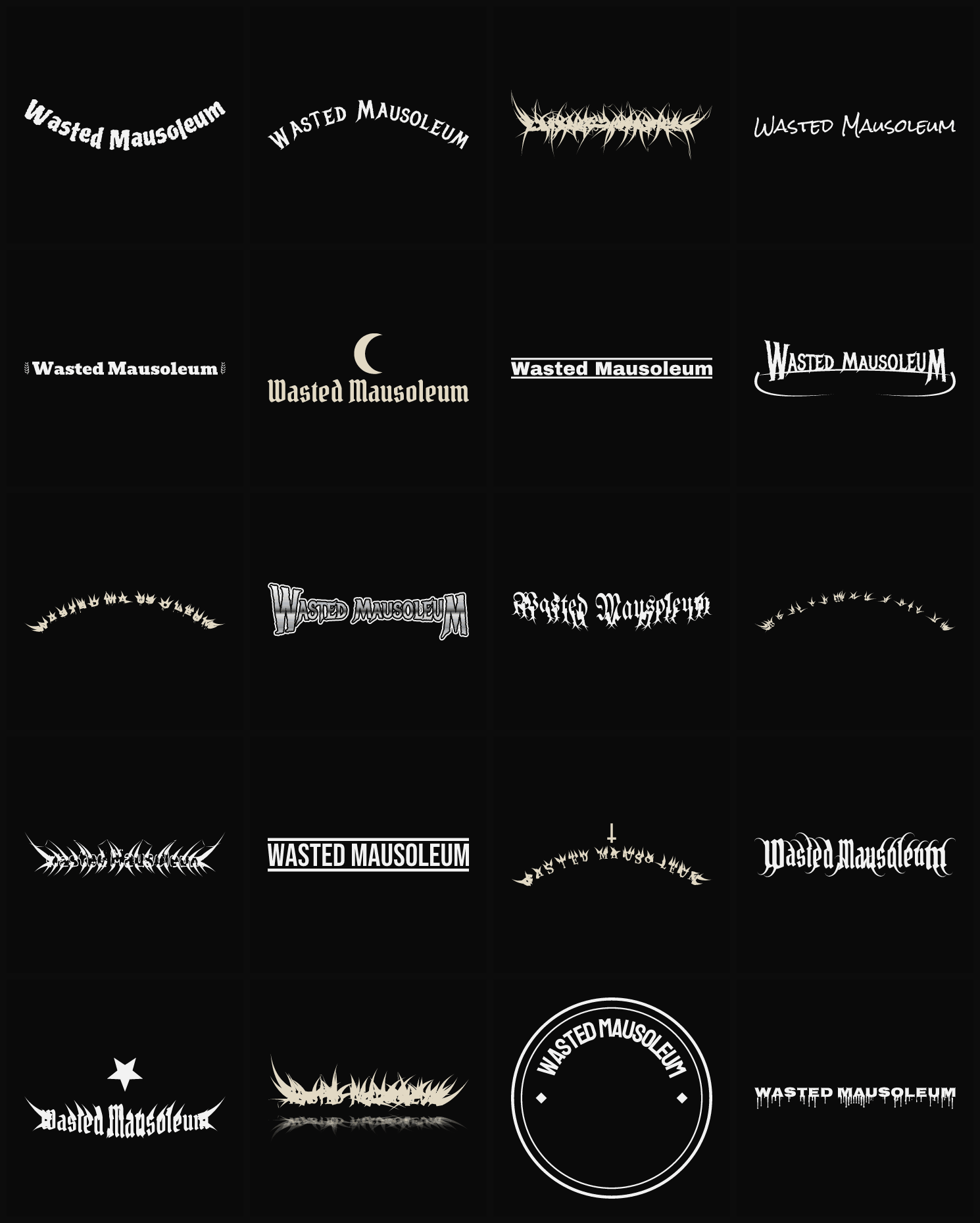 Twenty Wasted Mausoleum band logo ideas — different faces, treatments and spike settings