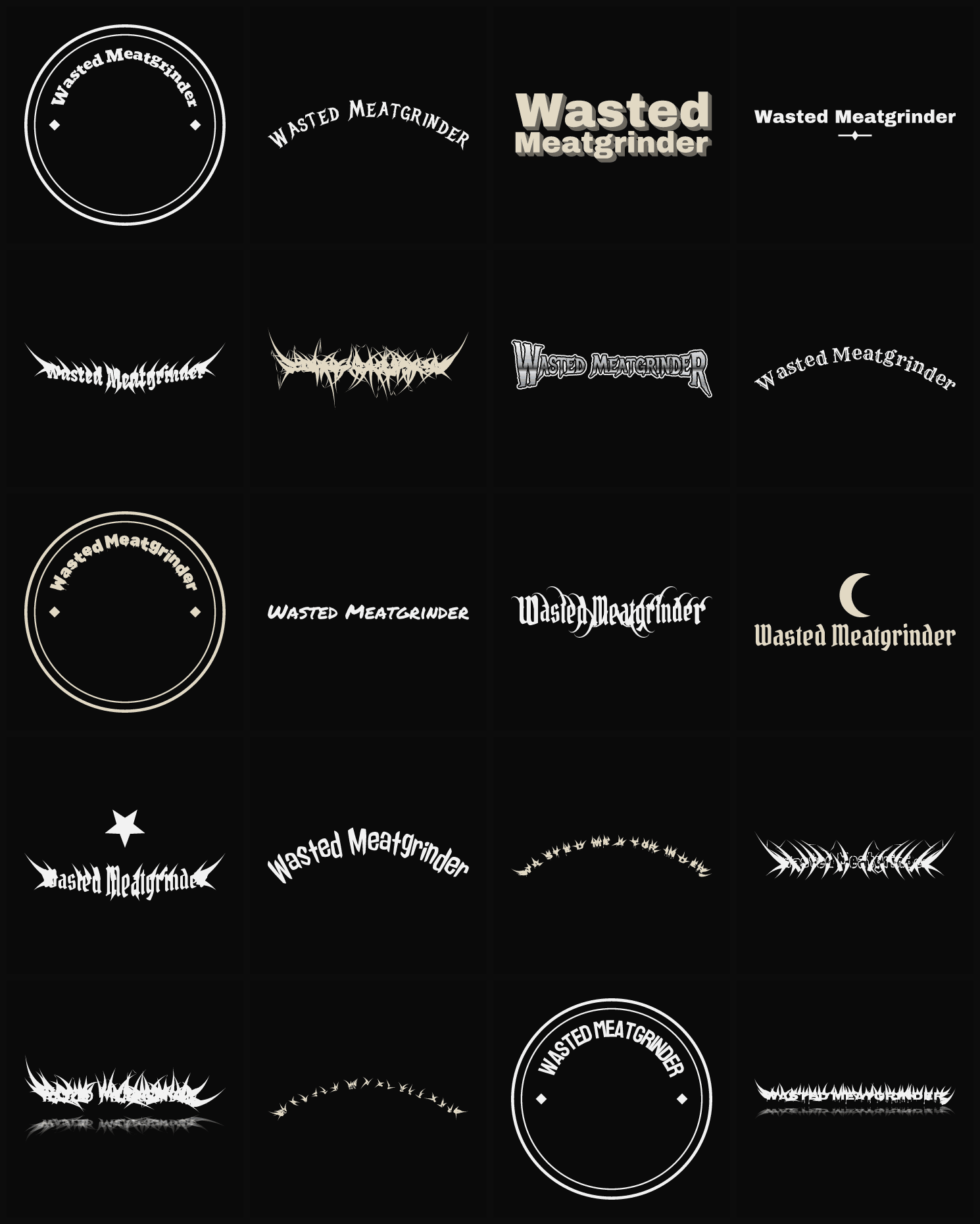 Twenty Wasted Meatgrinder band logo ideas — different faces, treatments and spike settings