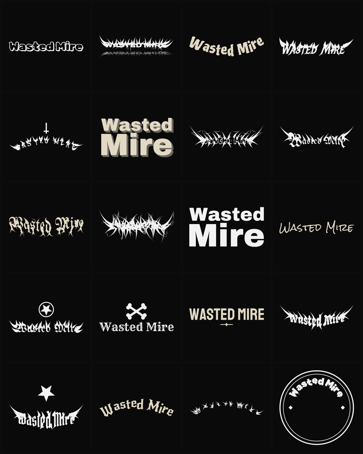 Twenty Wasted Mire band logo ideas — different faces, treatments and spike settings