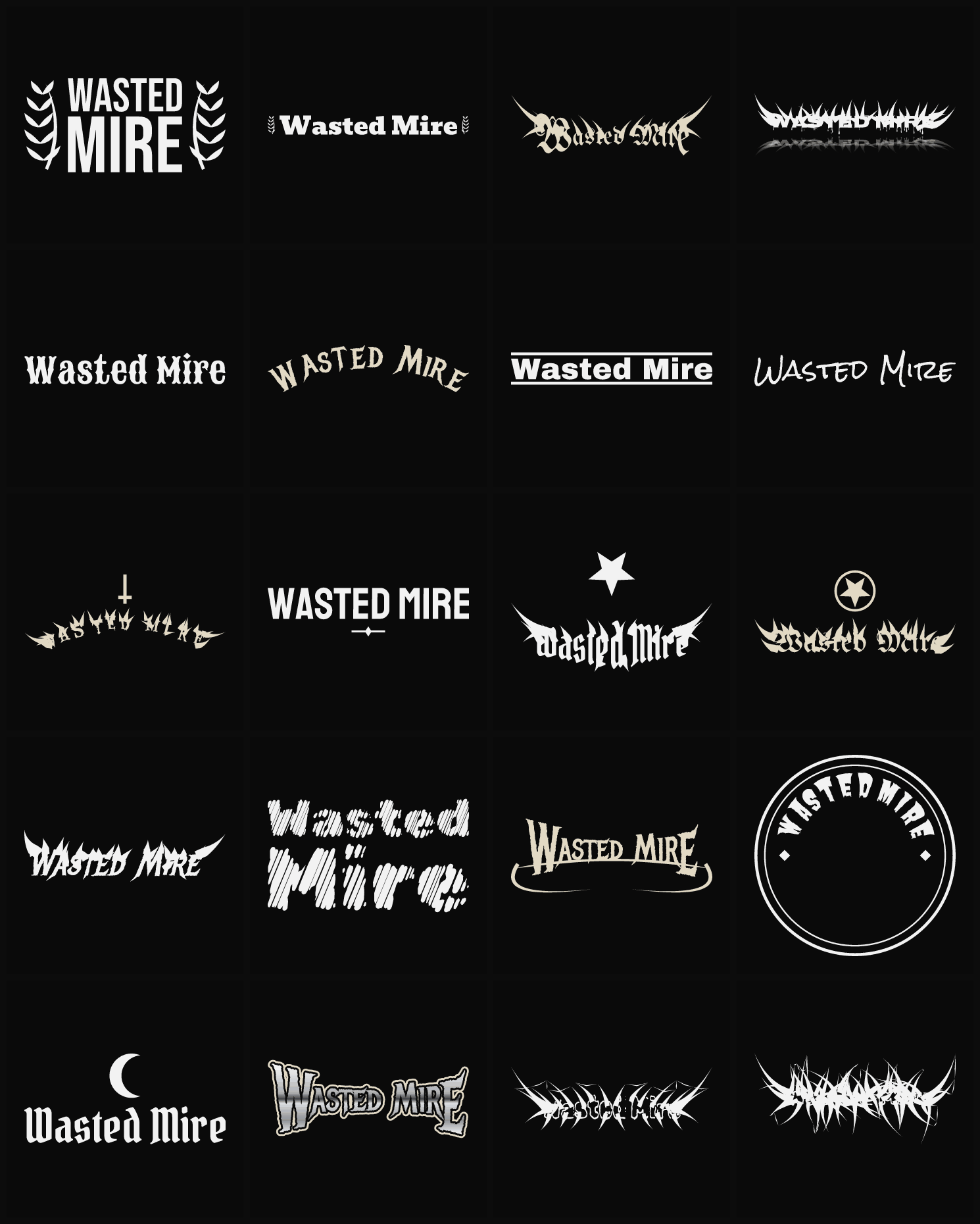Twenty Wasted Mire band logo ideas — different faces, treatments and spike settings