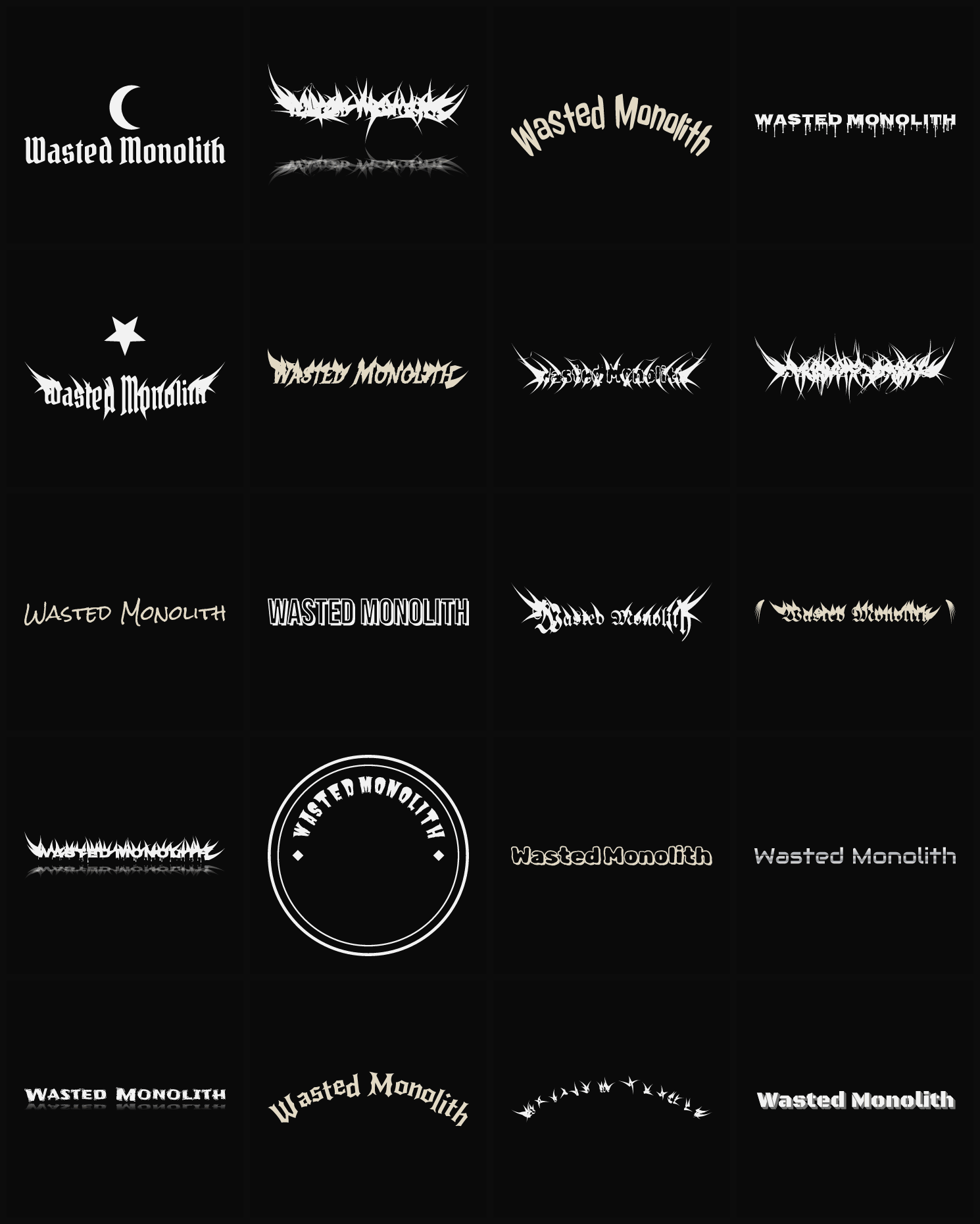 Twenty Wasted Monolith band logo ideas — different faces, treatments and spike settings