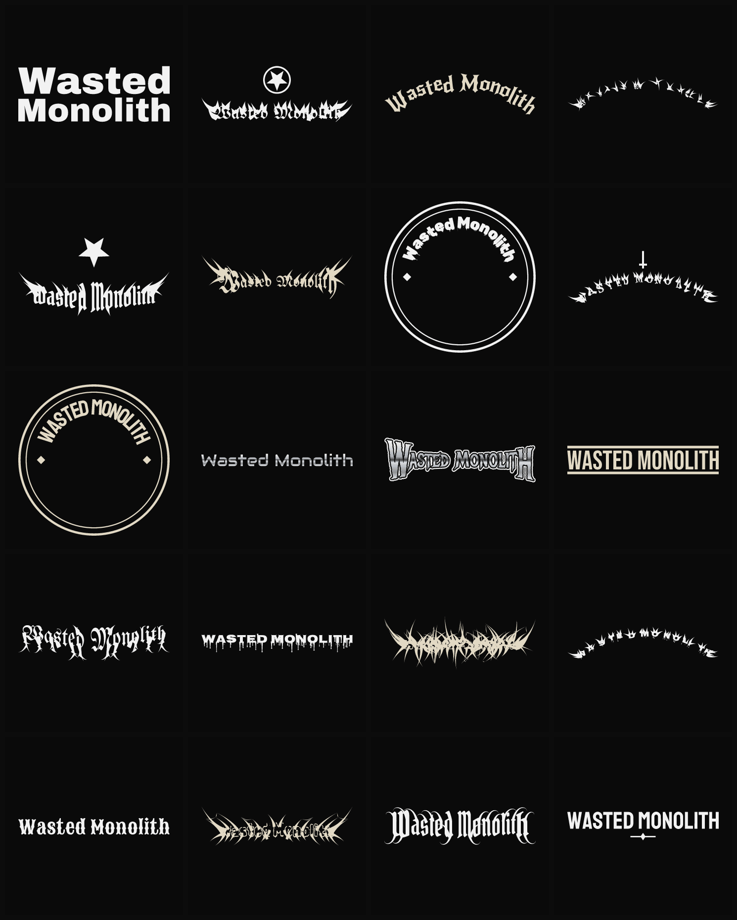 Twenty Wasted Monolith band logo ideas — different faces, treatments and spike settings