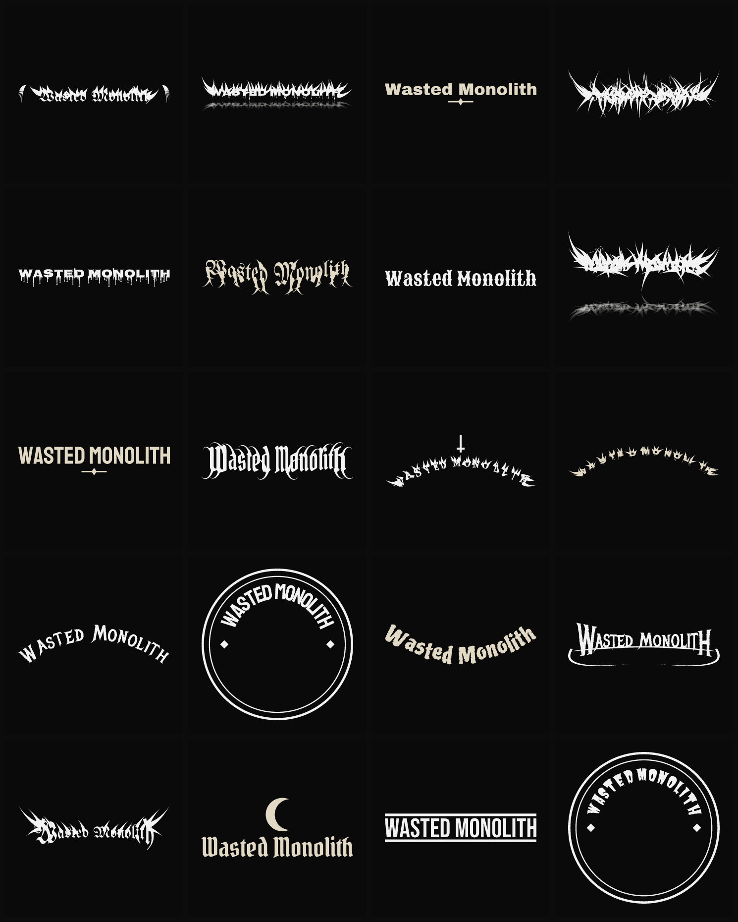 Twenty Wasted Monolith band logo ideas — different faces, treatments and spike settings