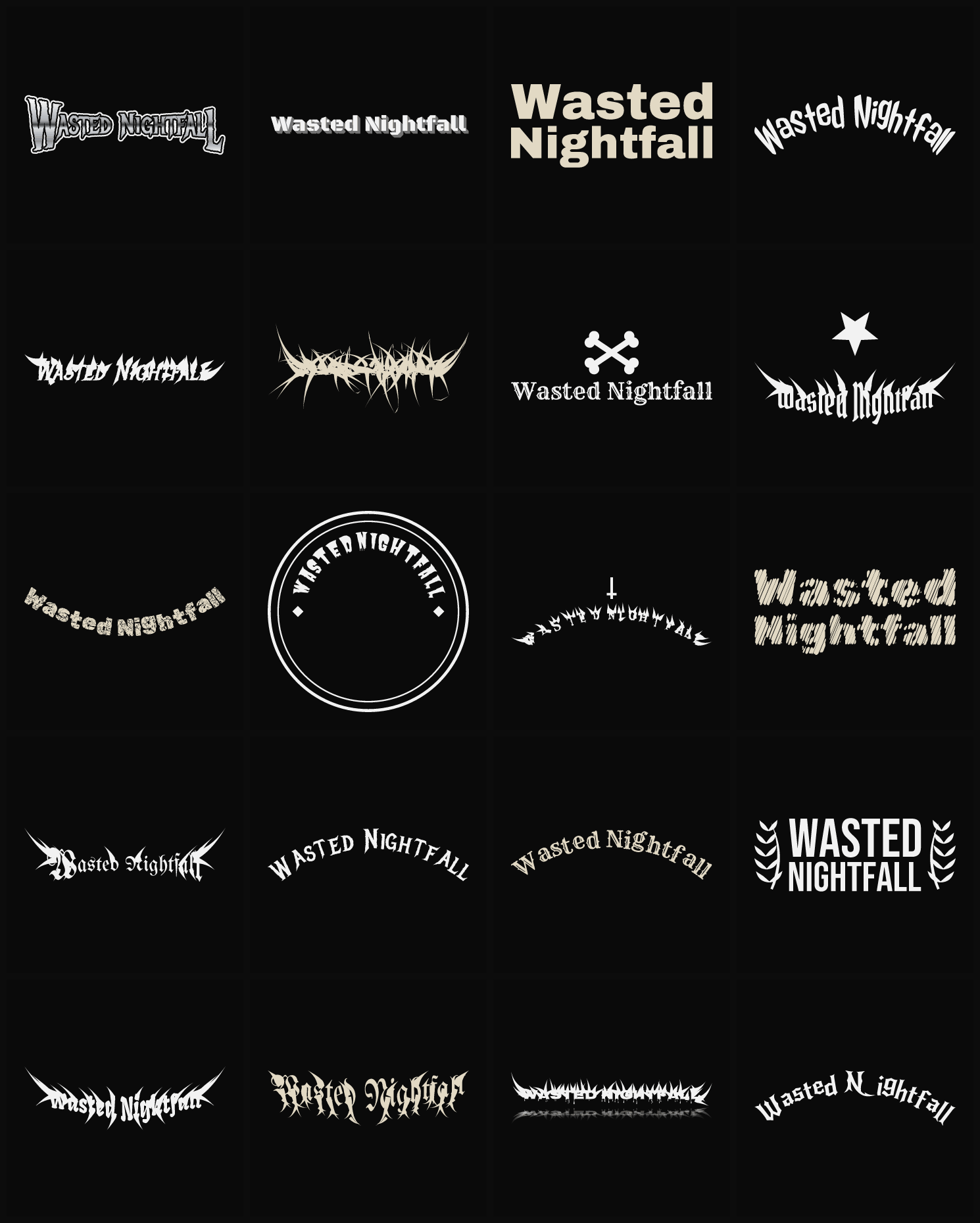Twenty Wasted Nightfall band logo ideas — different faces, treatments and spike settings