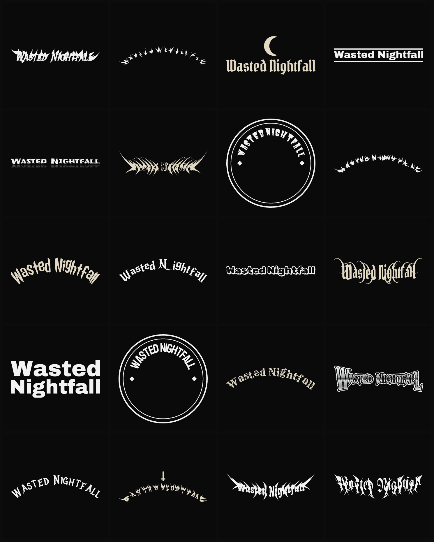 Twenty Wasted Nightfall band logo ideas — different faces, treatments and spike settings
