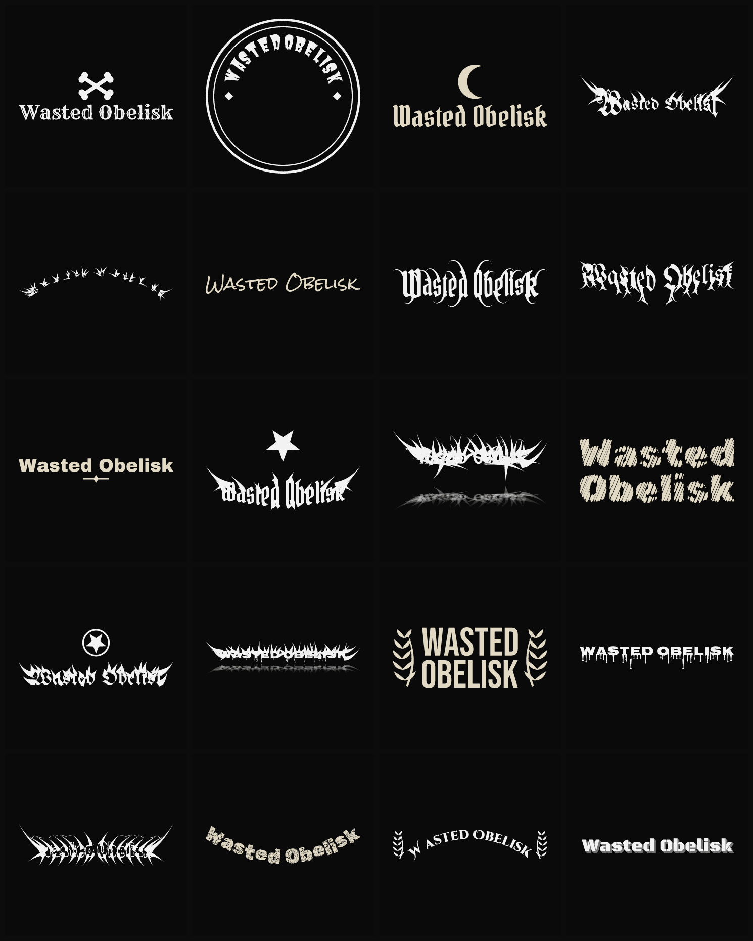 Twenty Wasted Obelisk band logo ideas — different faces, treatments and spike settings