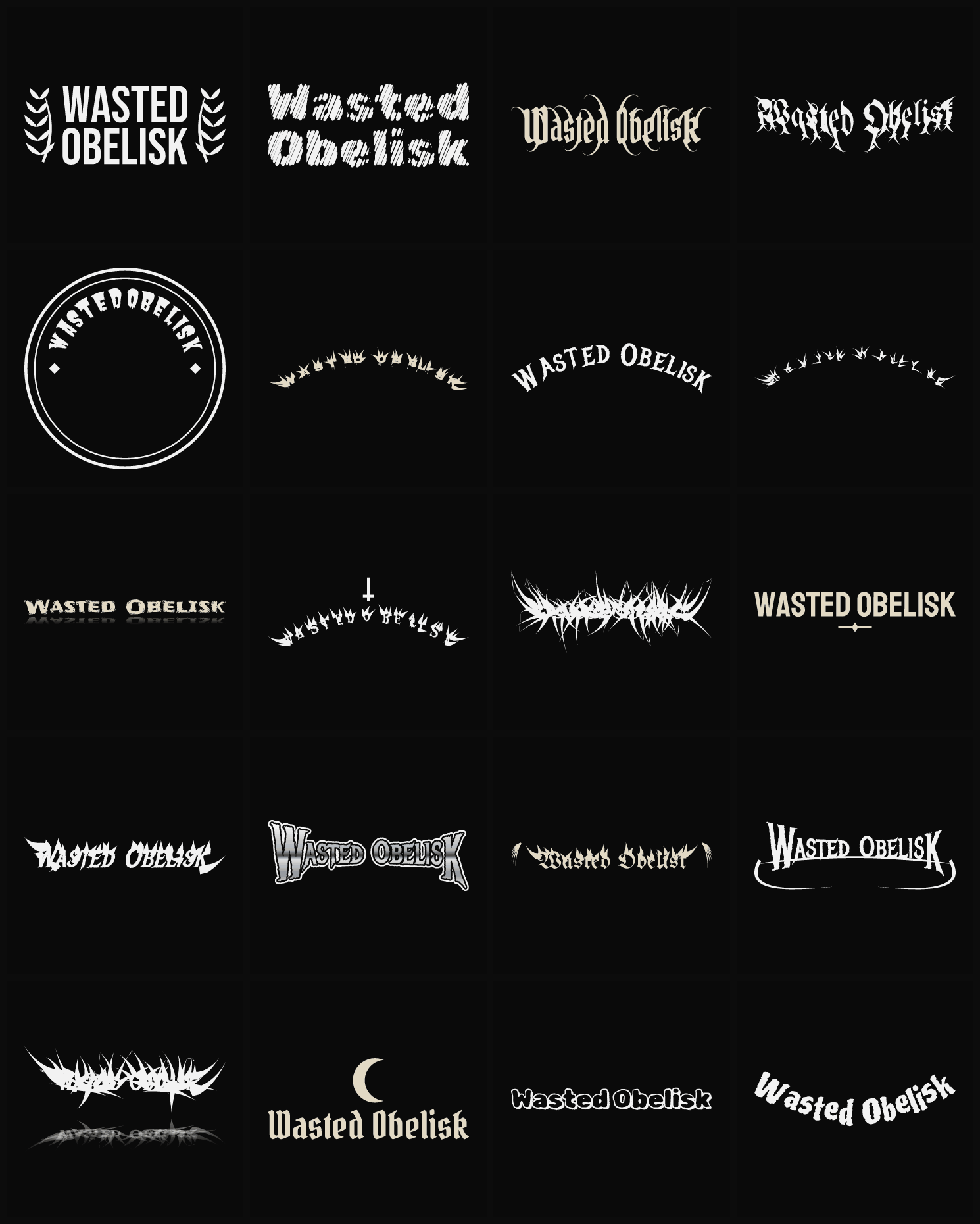 Twenty Wasted Obelisk band logo ideas — different faces, treatments and spike settings