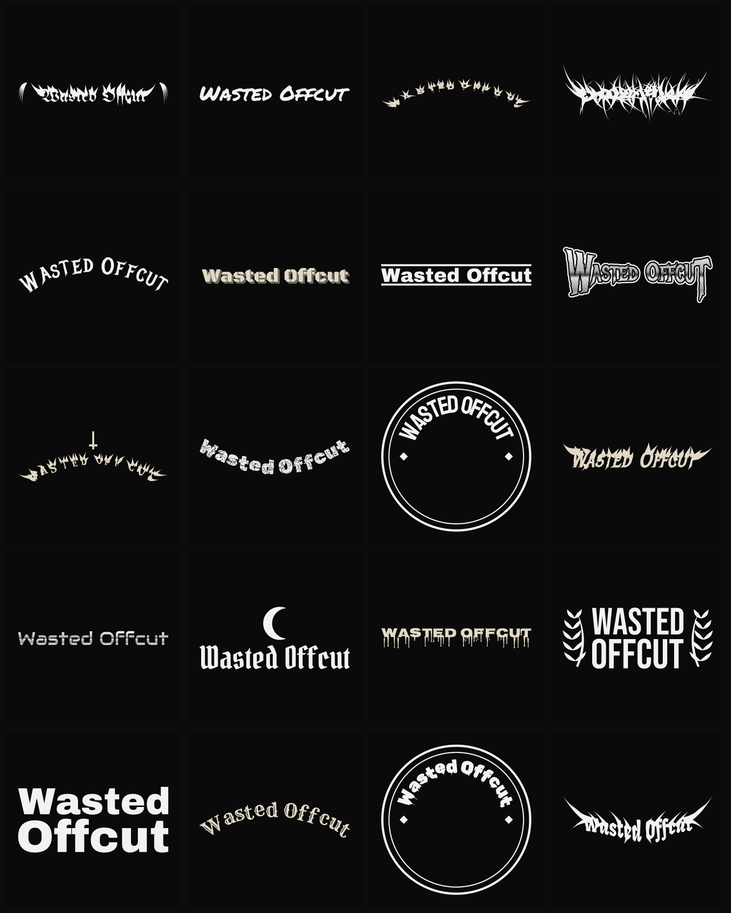 Twenty Wasted Offcut band logo ideas — different faces, treatments and spike settings
