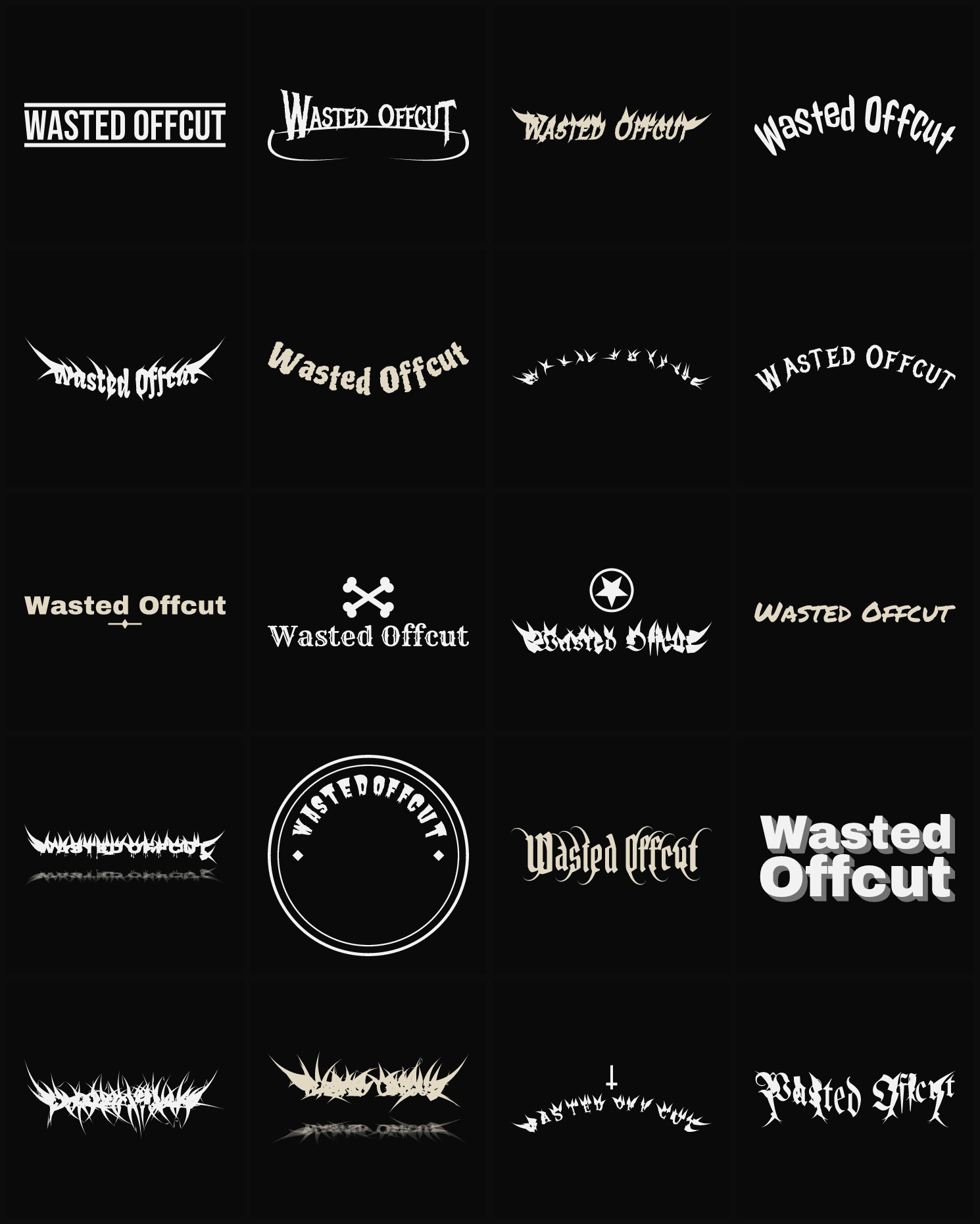 Twenty Wasted Offcut band logo ideas — different faces, treatments and spike settings