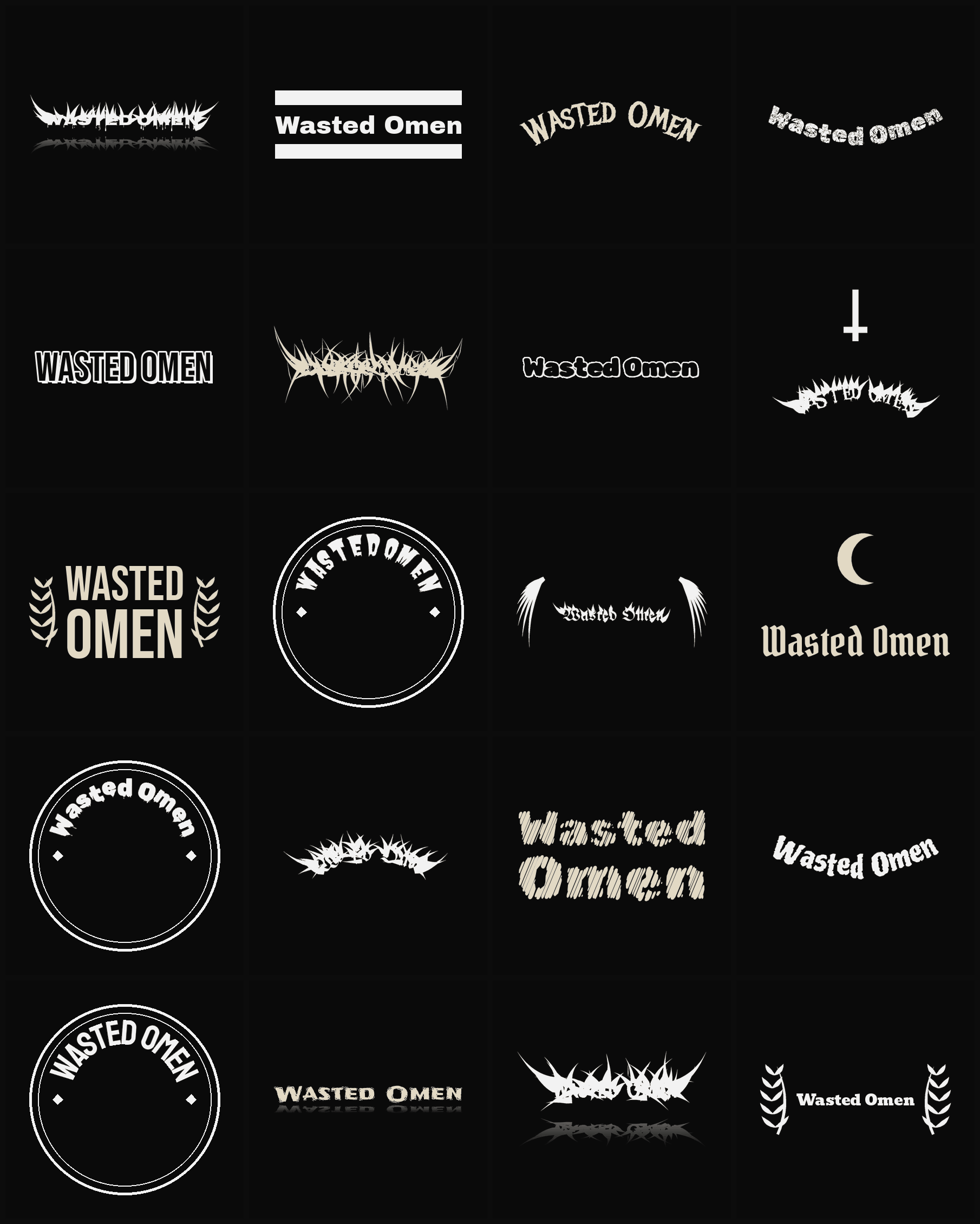 Twenty Wasted Omen band logo ideas — different faces, treatments and spike settings