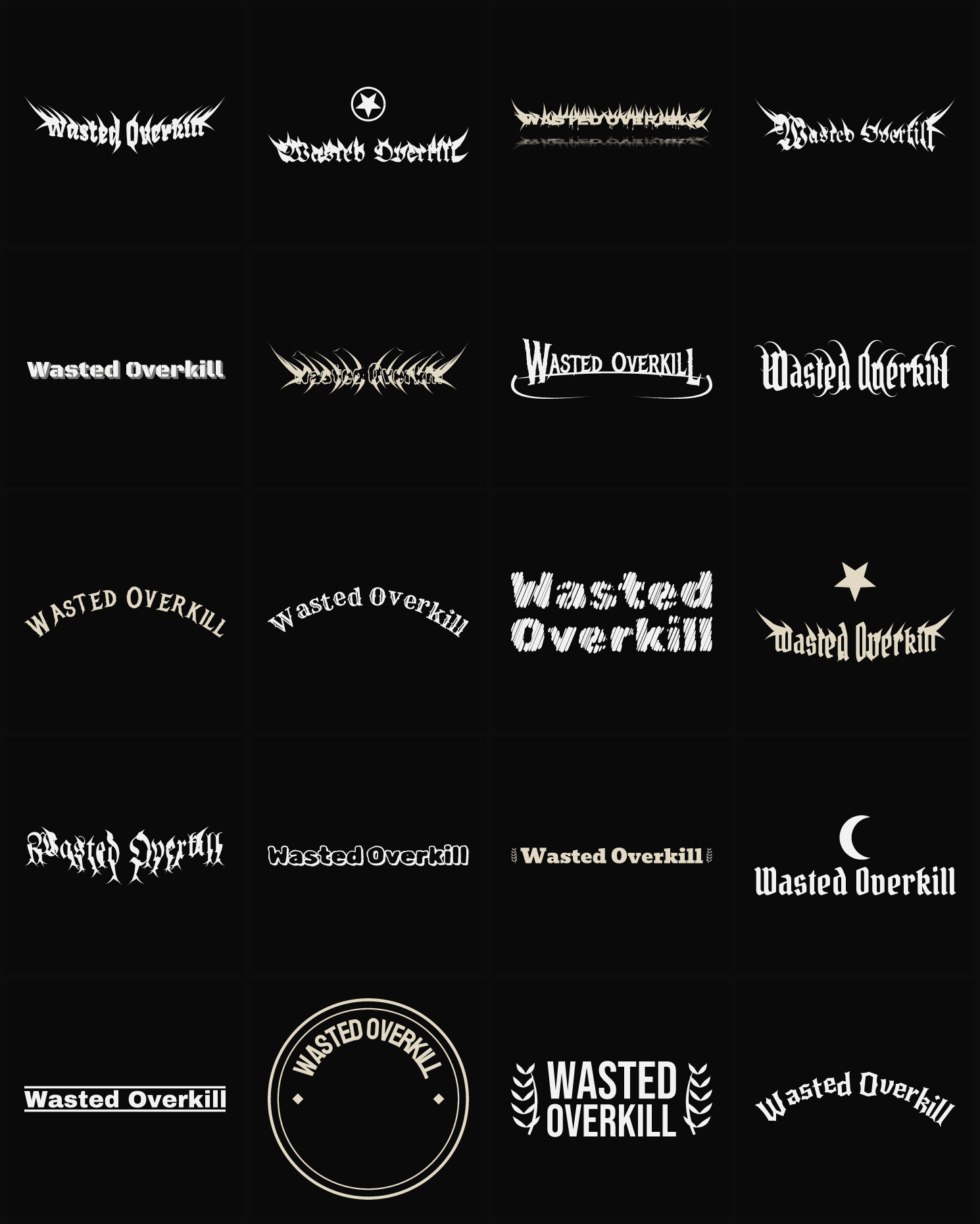 Twenty Wasted Overkill band logo ideas — different faces, treatments and spike settings