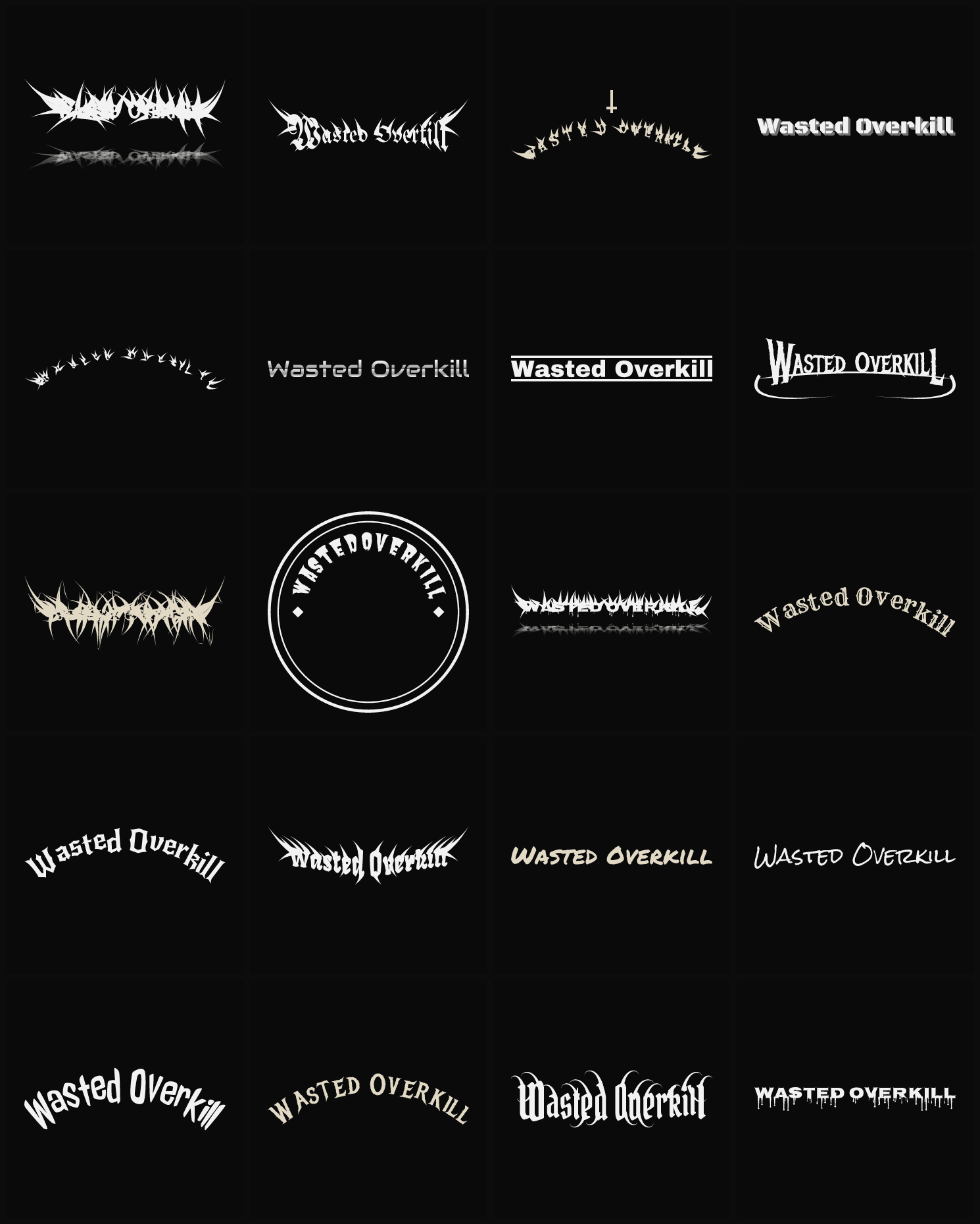 Twenty Wasted Overkill band logo ideas — different faces, treatments and spike settings