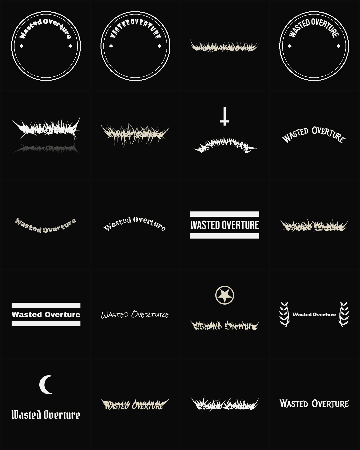 Twenty Wasted Overture band logo ideas — different faces, treatments and spike settings