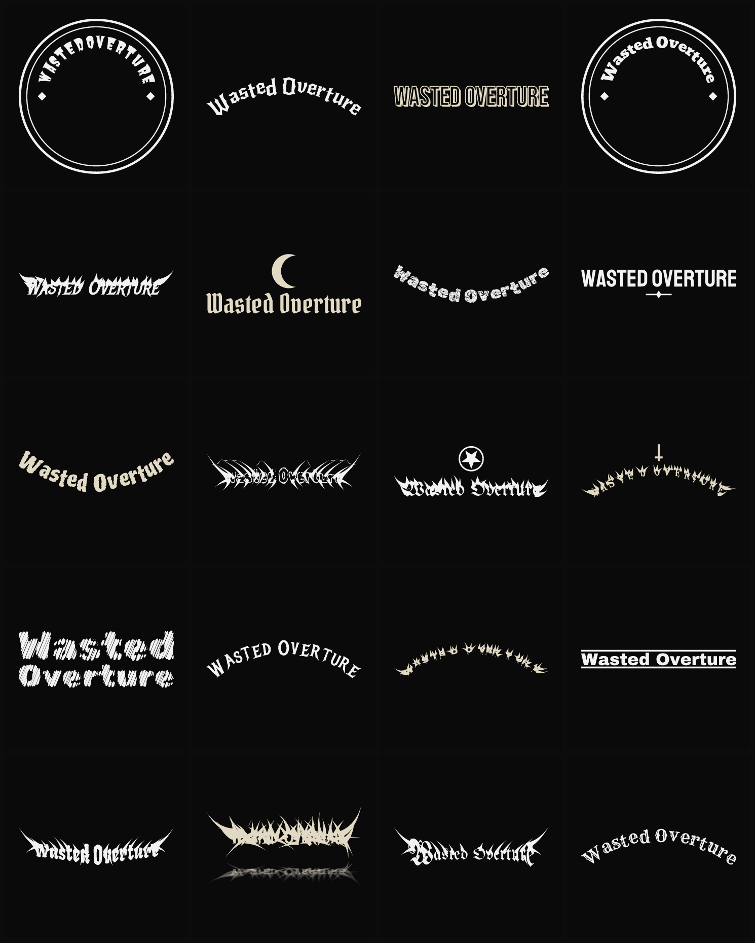 Twenty Wasted Overture band logo ideas — different faces, treatments and spike settings