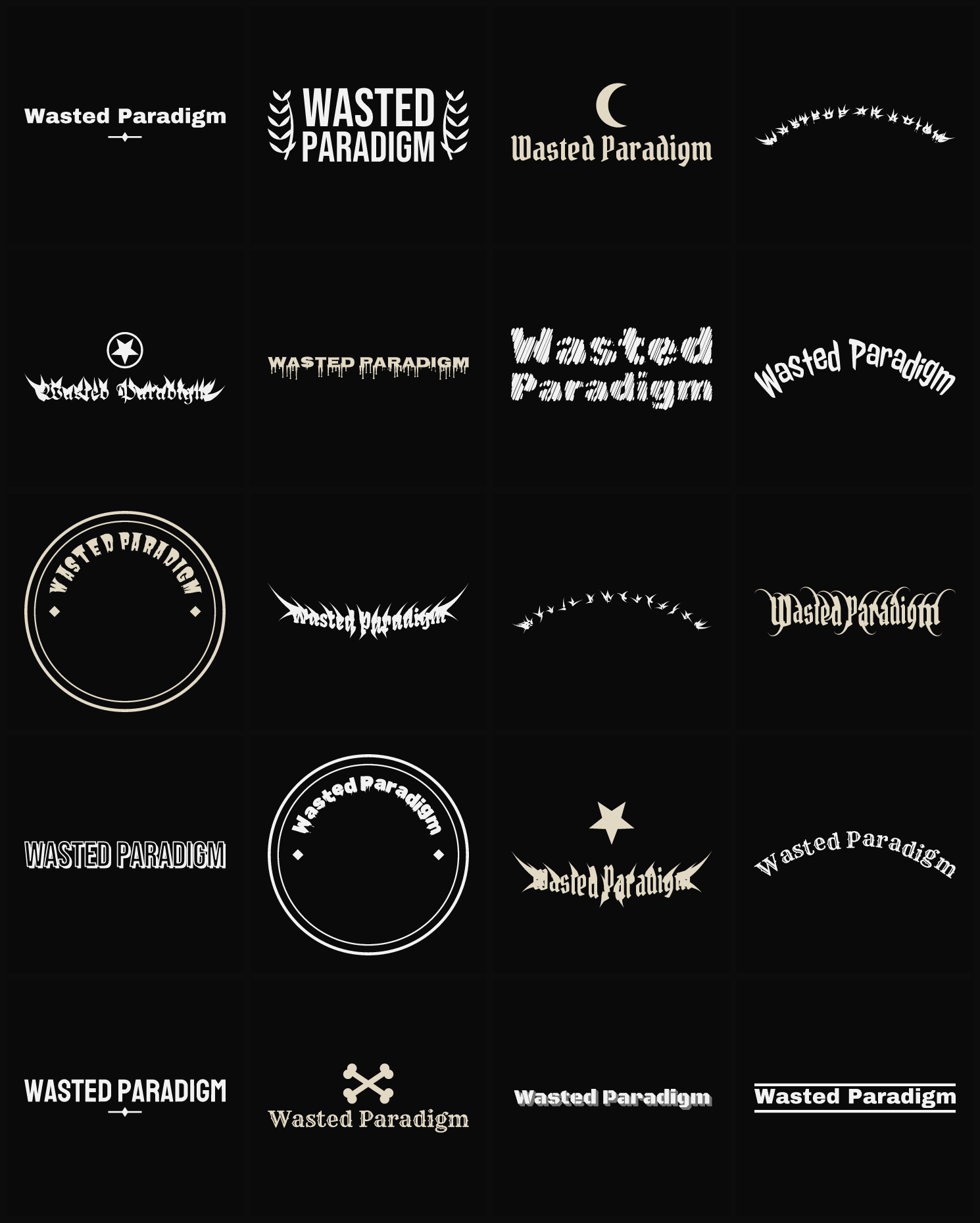 Twenty Wasted Paradigm band logo ideas — different faces, treatments and spike settings