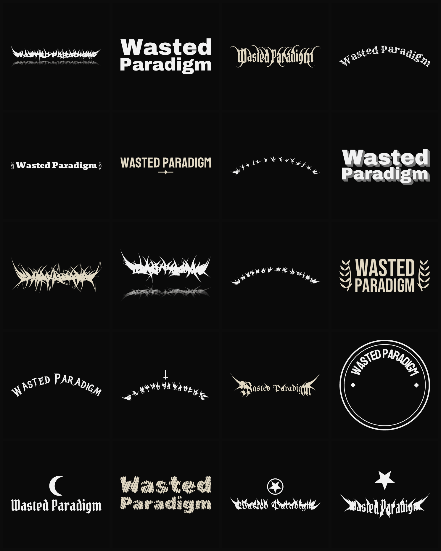 Twenty Wasted Paradigm band logo ideas — different faces, treatments and spike settings