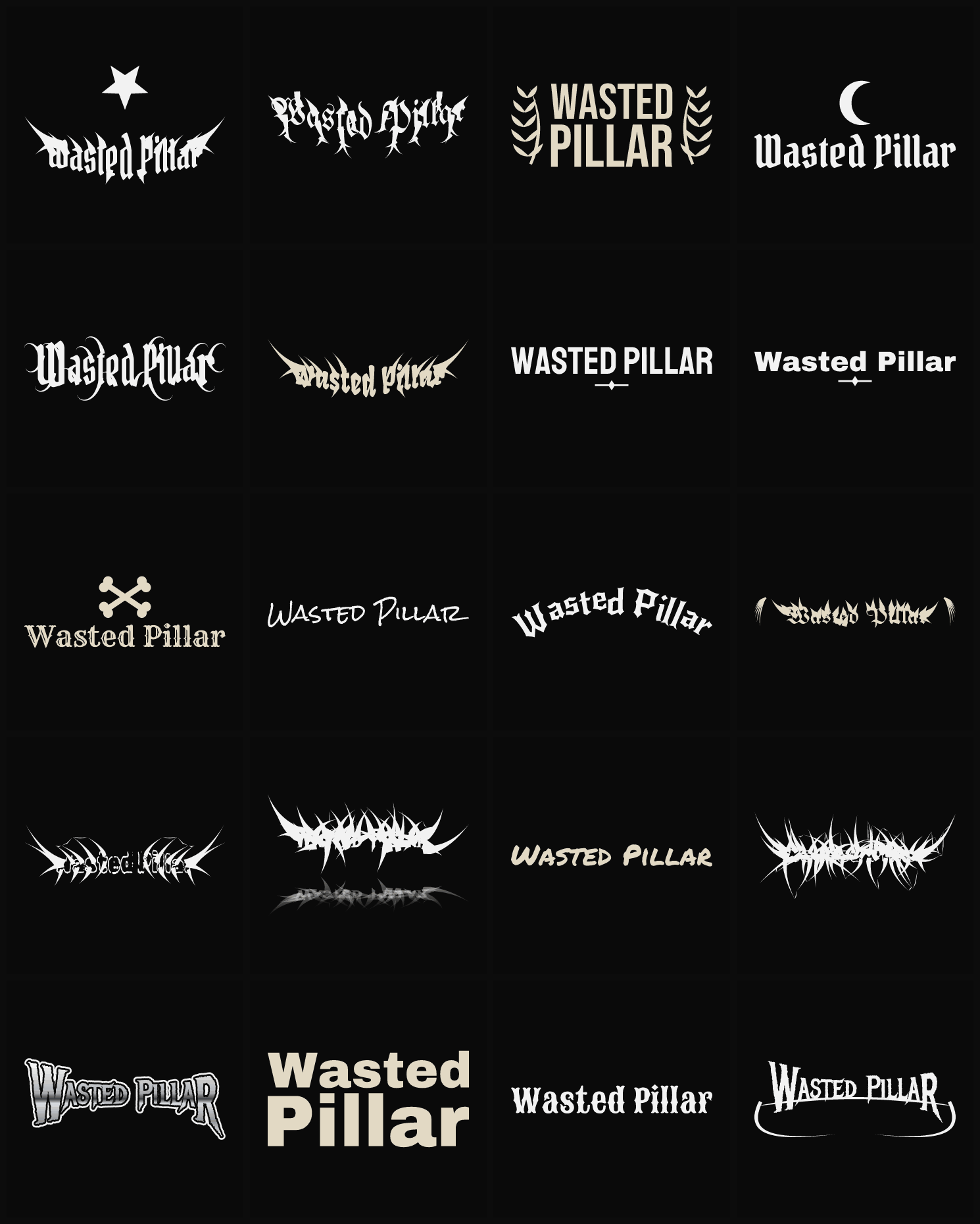 Twenty Wasted Pillar band logo ideas — different faces, treatments and spike settings