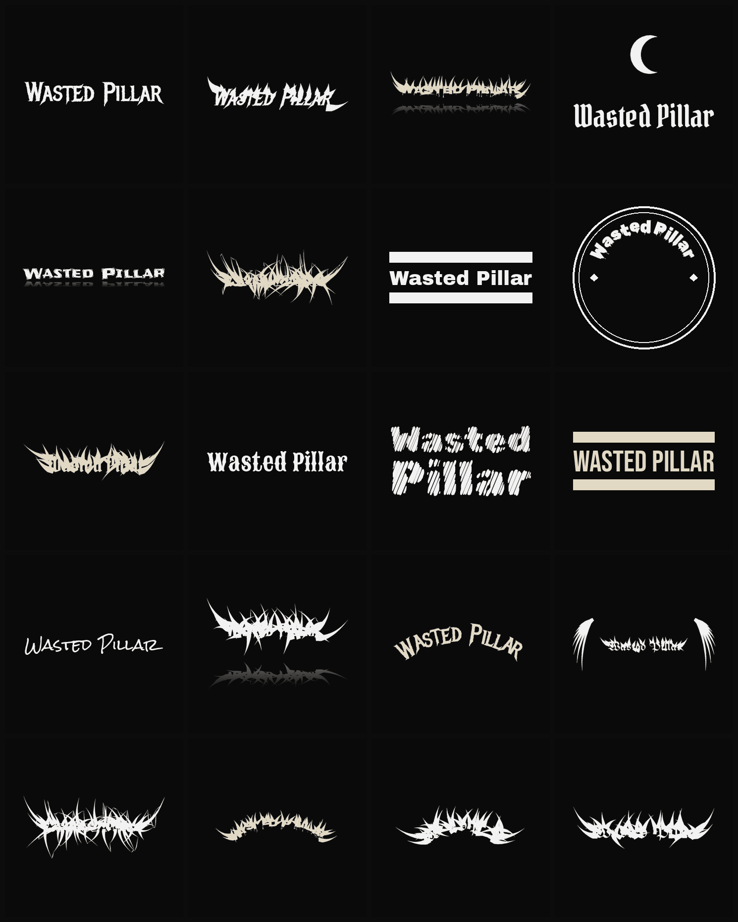 Twenty Wasted Pillar band logo ideas — different faces, treatments and spike settings
