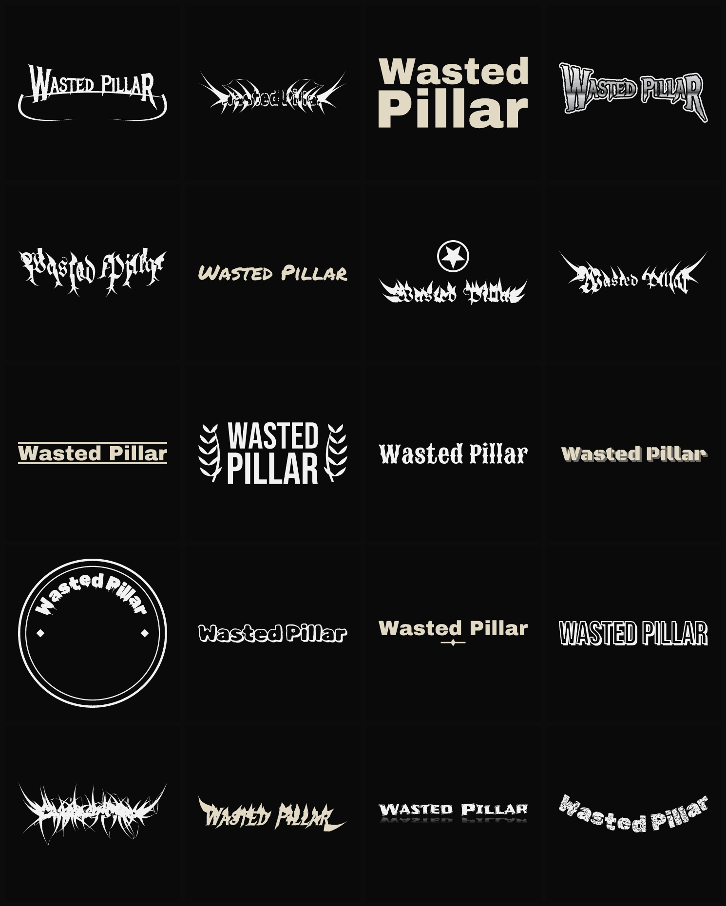 Twenty Wasted Pillar band logo ideas — different faces, treatments and spike settings
