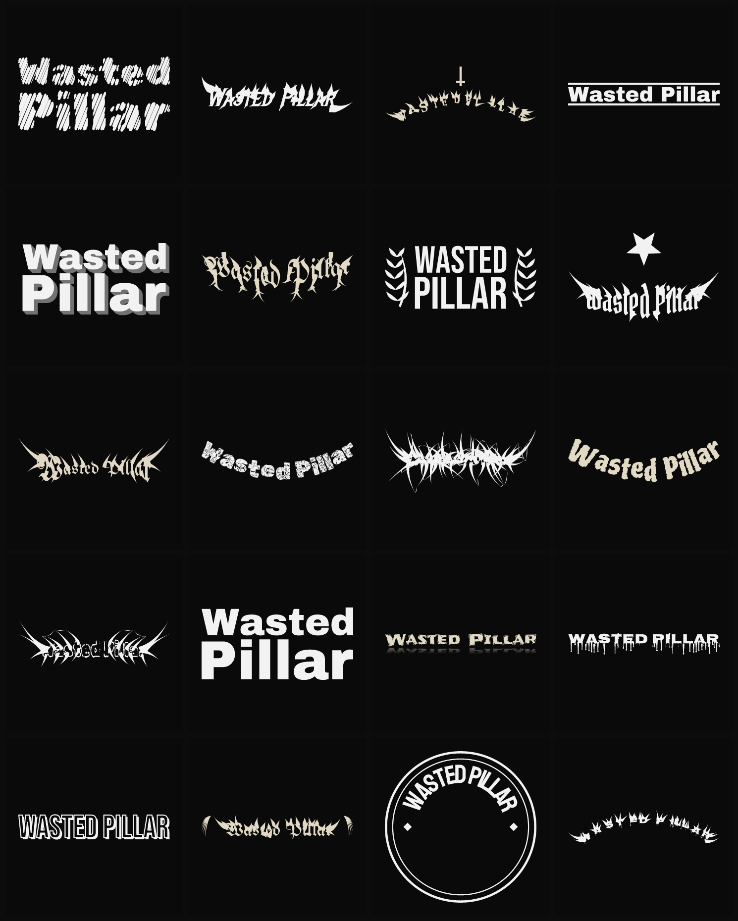 Twenty Wasted Pillar band logo ideas — different faces, treatments and spike settings