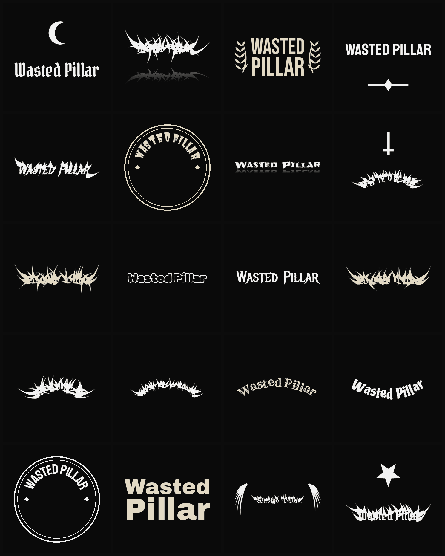 Twenty Wasted Pillar band logo ideas — different faces, treatments and spike settings
