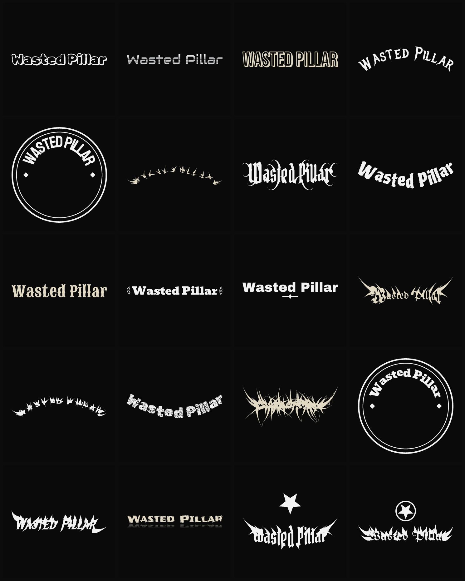 Twenty Wasted Pillar band logo ideas — different faces, treatments and spike settings