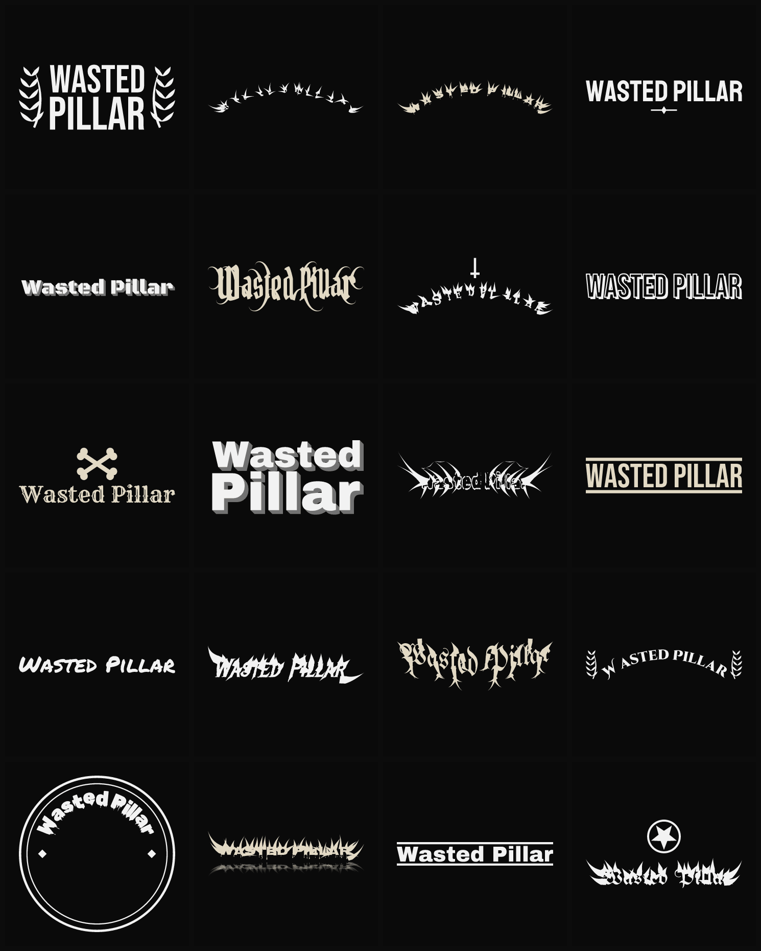 Twenty Wasted Pillar band logo ideas — different faces, treatments and spike settings