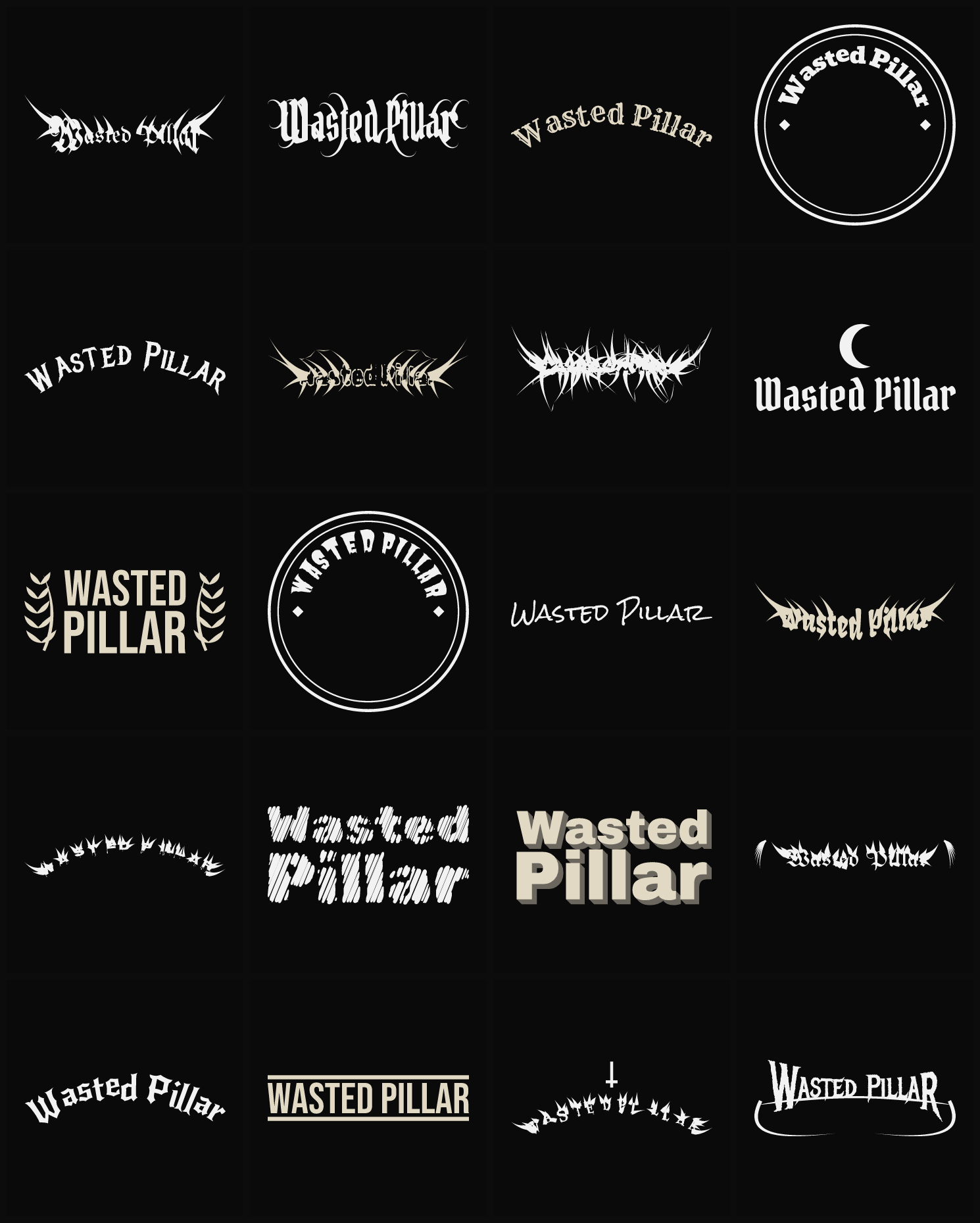 Twenty Wasted Pillar band logo ideas — different faces, treatments and spike settings