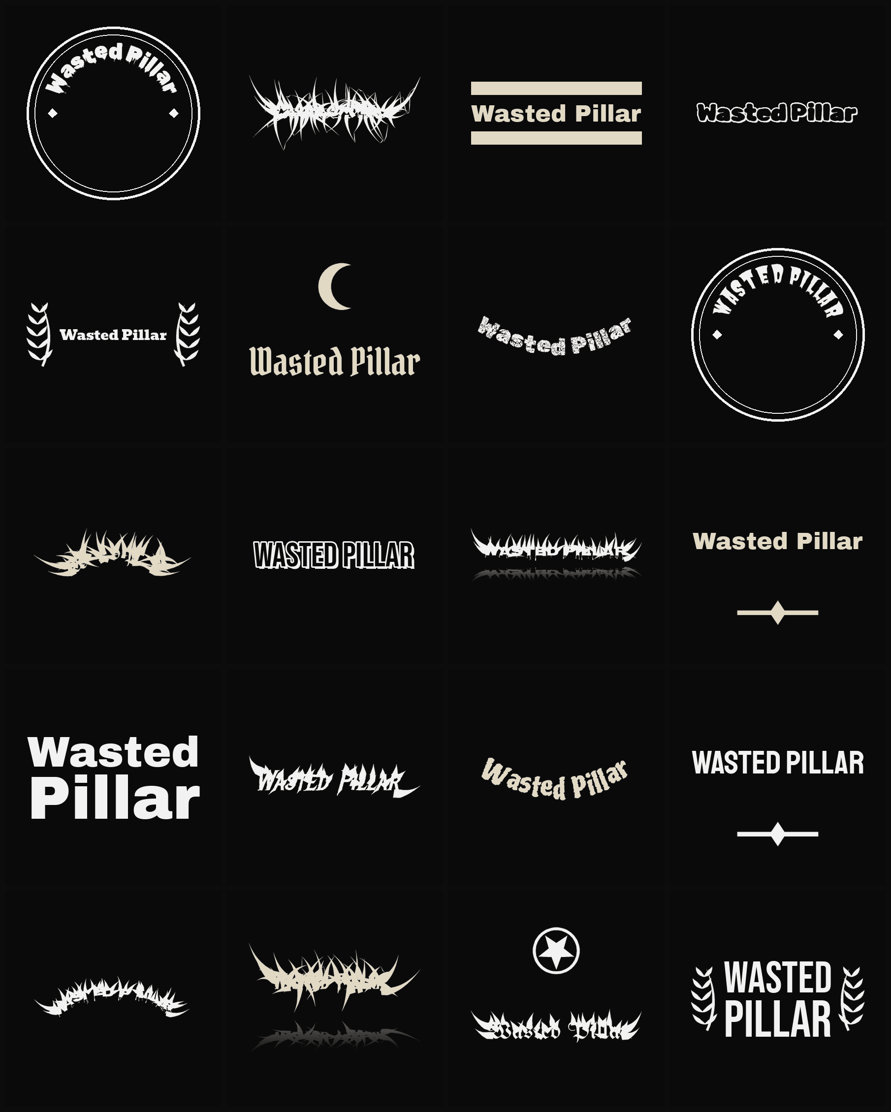 Twenty Wasted Pillar band logo ideas — different faces, treatments and spike settings