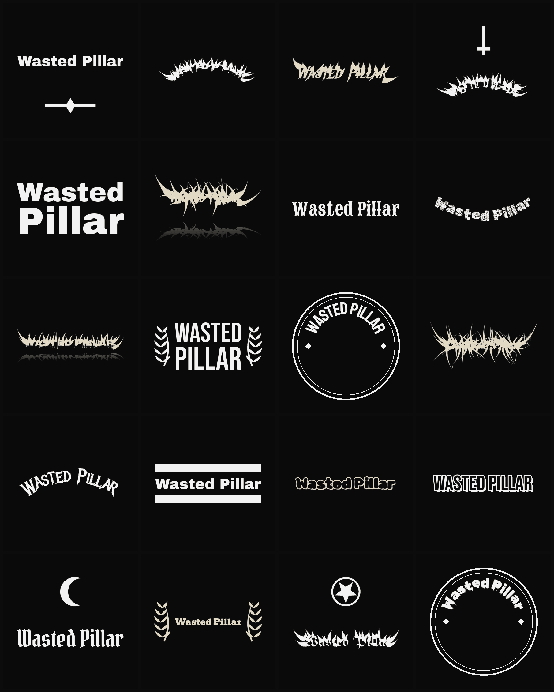Twenty Wasted Pillar band logo ideas — different faces, treatments and spike settings