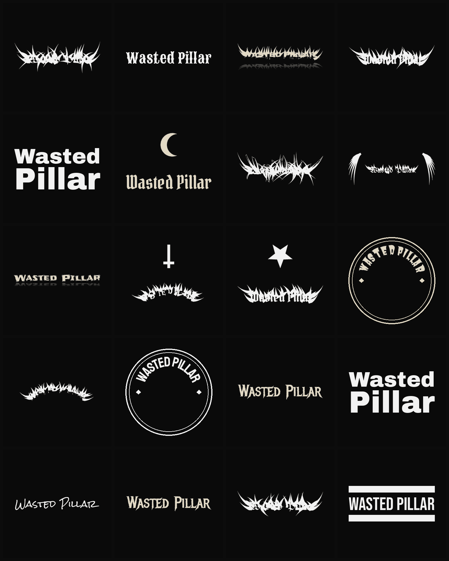 Twenty Wasted Pillar band logo ideas — different faces, treatments and spike settings