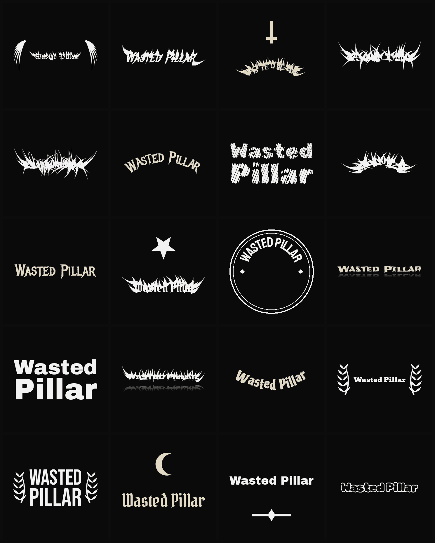 Twenty Wasted Pillar band logo ideas — different faces, treatments and spike settings