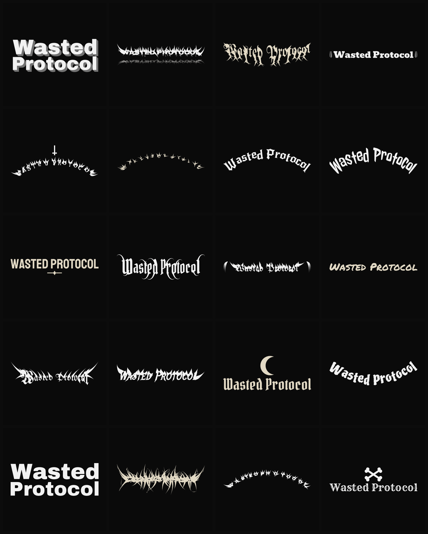 Twenty Wasted Protocol band logo ideas — different faces, treatments and spike settings
