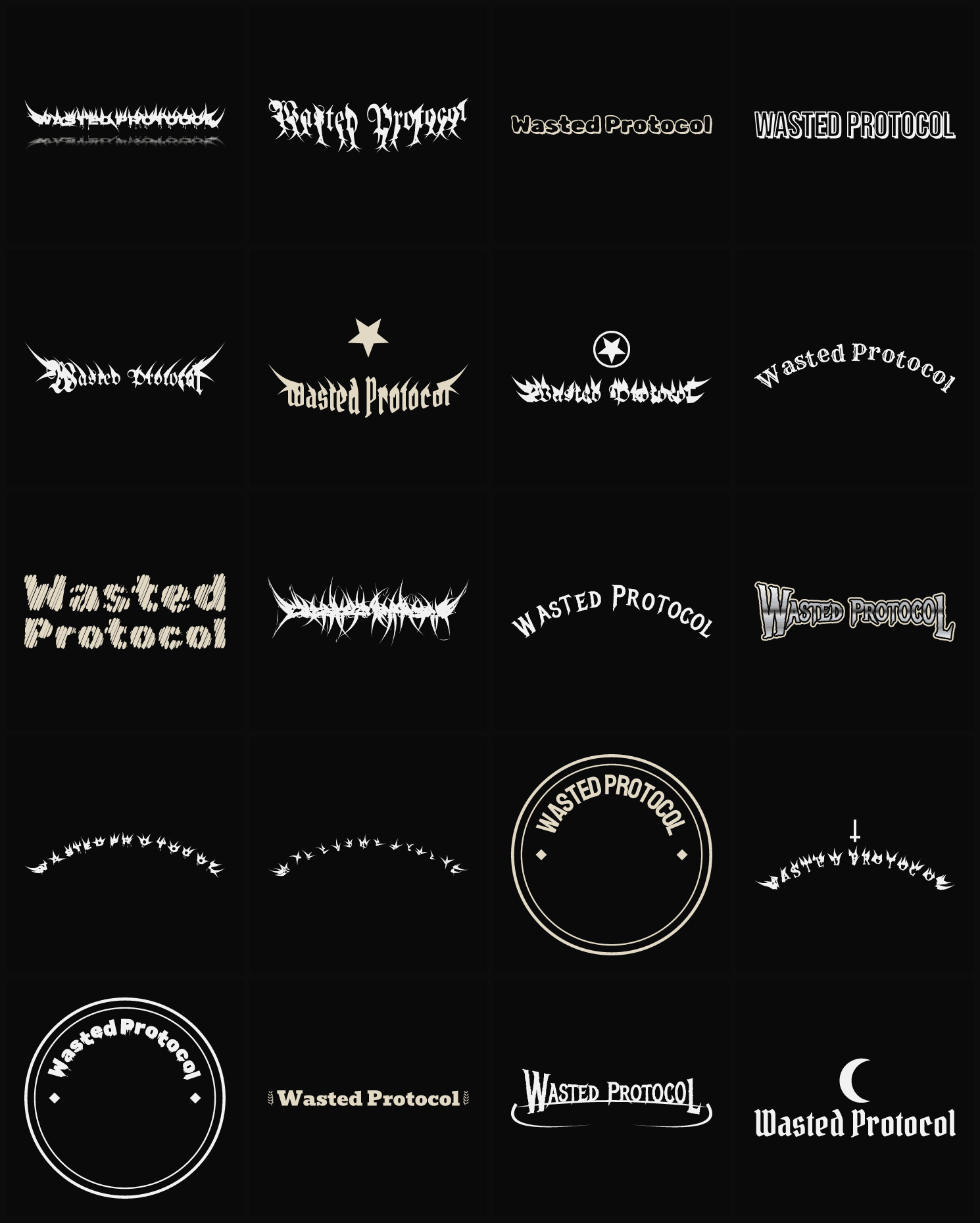 Twenty Wasted Protocol band logo ideas — different faces, treatments and spike settings