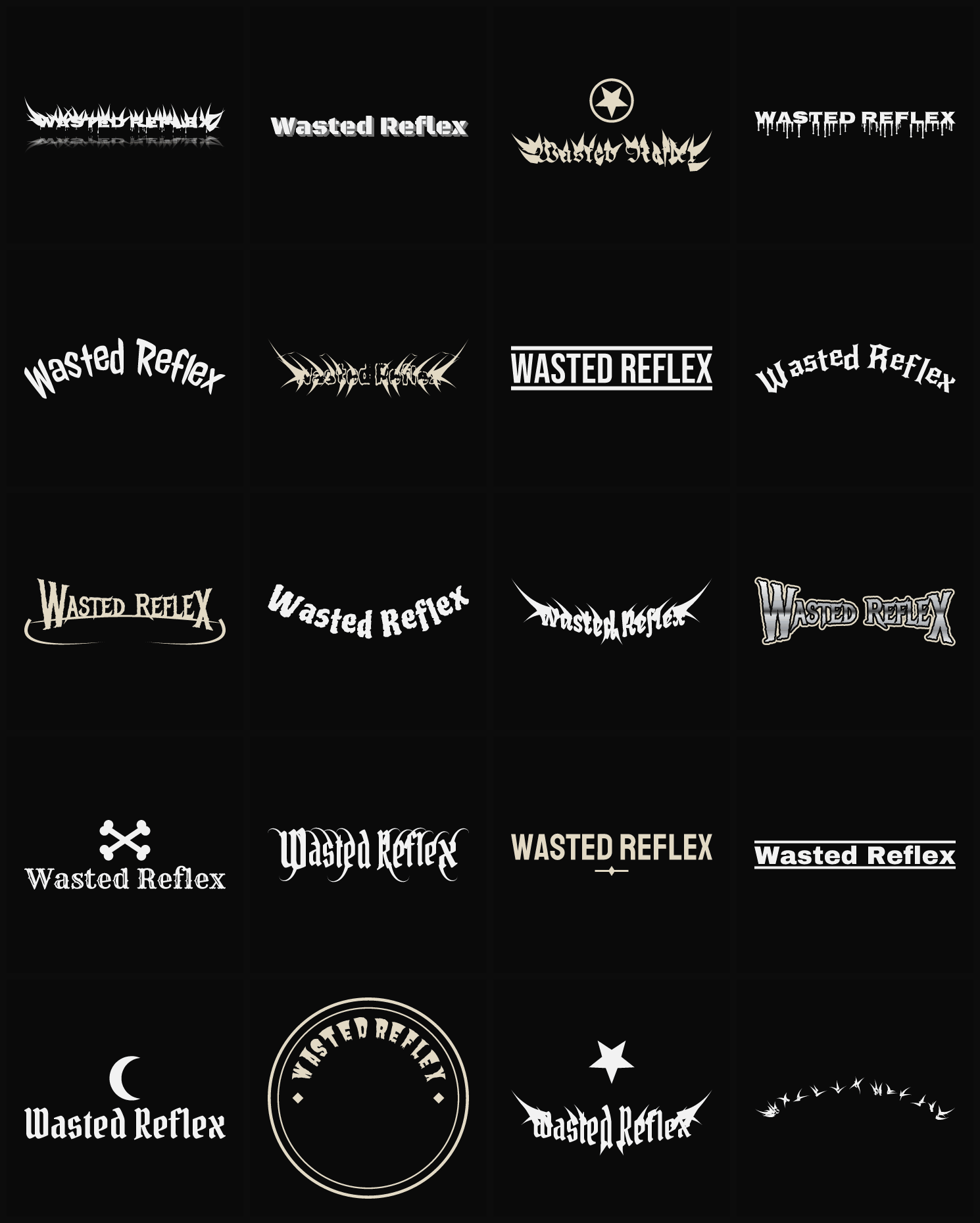 Twenty Wasted Reflex band logo ideas — different faces, treatments and spike settings