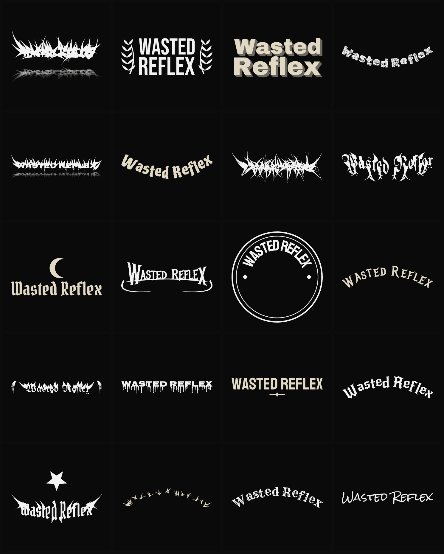 Twenty Wasted Reflex band logo ideas — different faces, treatments and spike settings