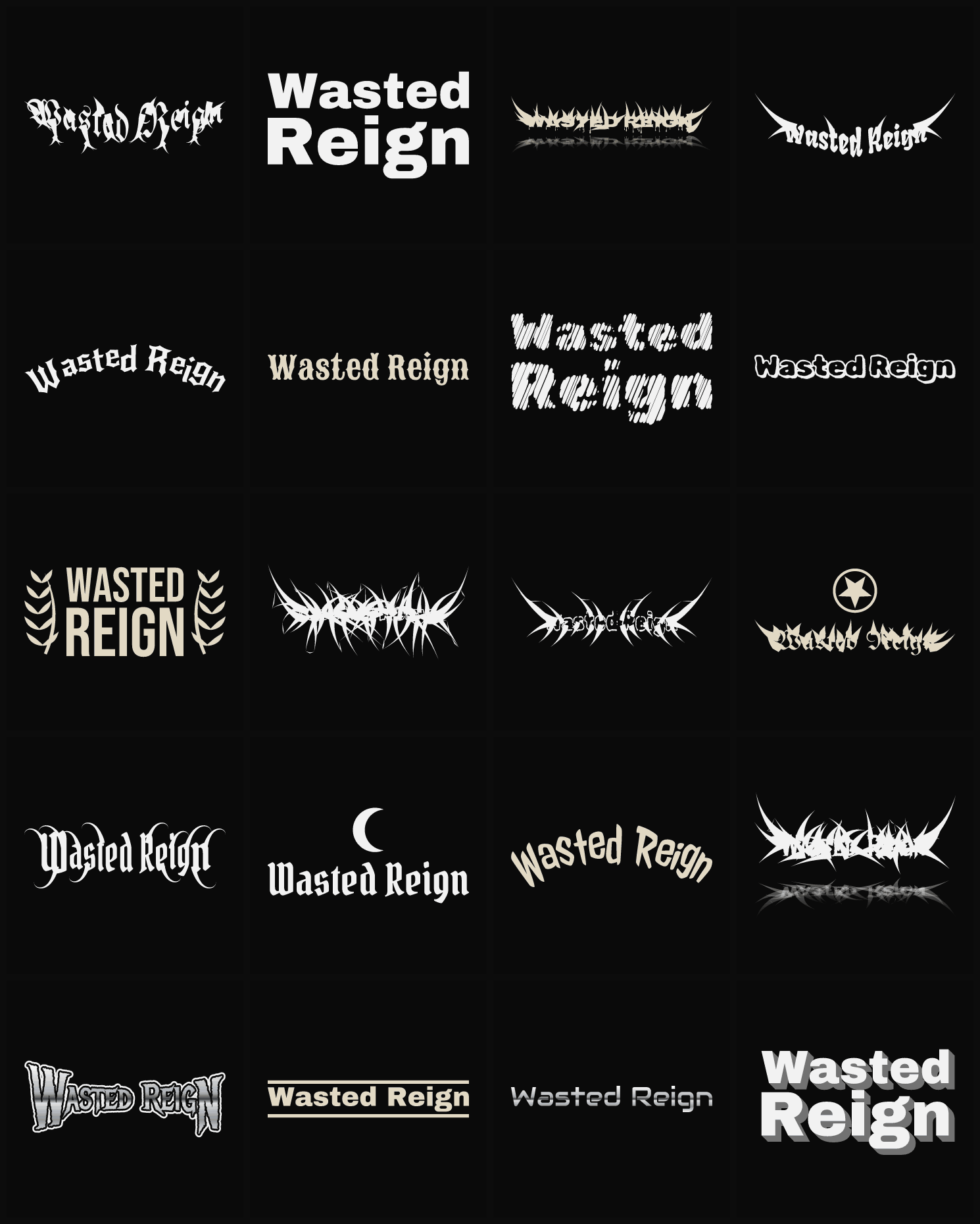 Twenty Wasted Reign band logo ideas — different faces, treatments and spike settings