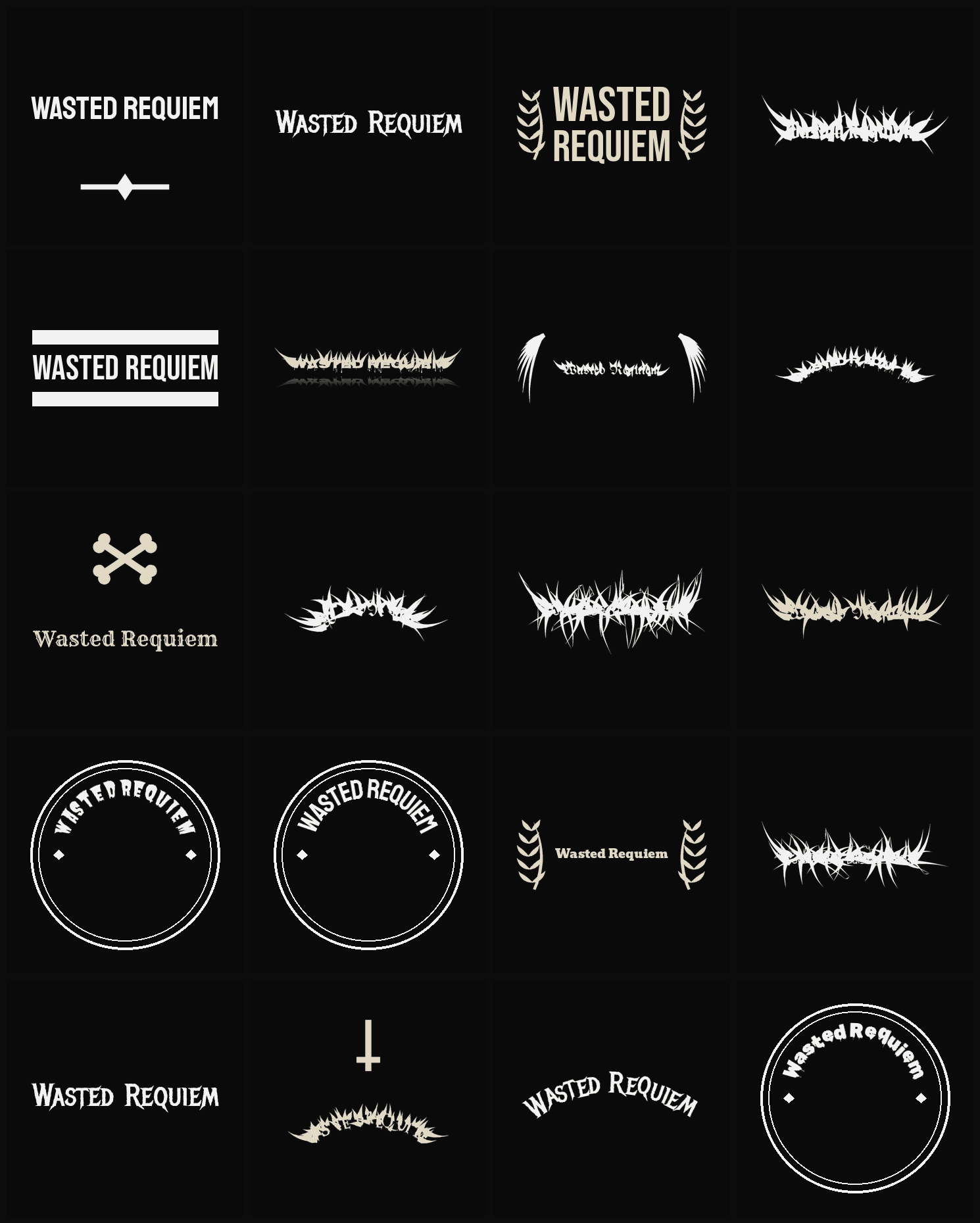 Twenty Wasted Requiem band logo ideas — different faces, treatments and spike settings