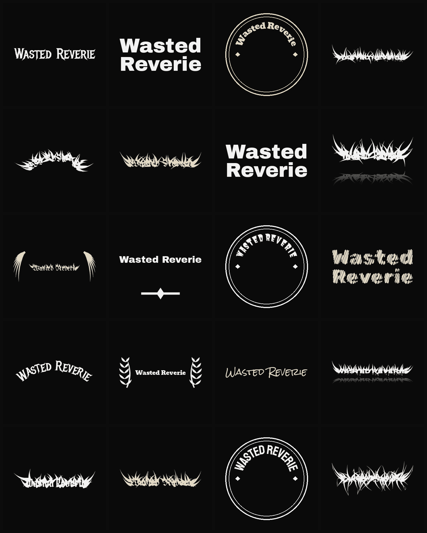 Twenty Wasted Reverie band logo ideas — different faces, treatments and spike settings