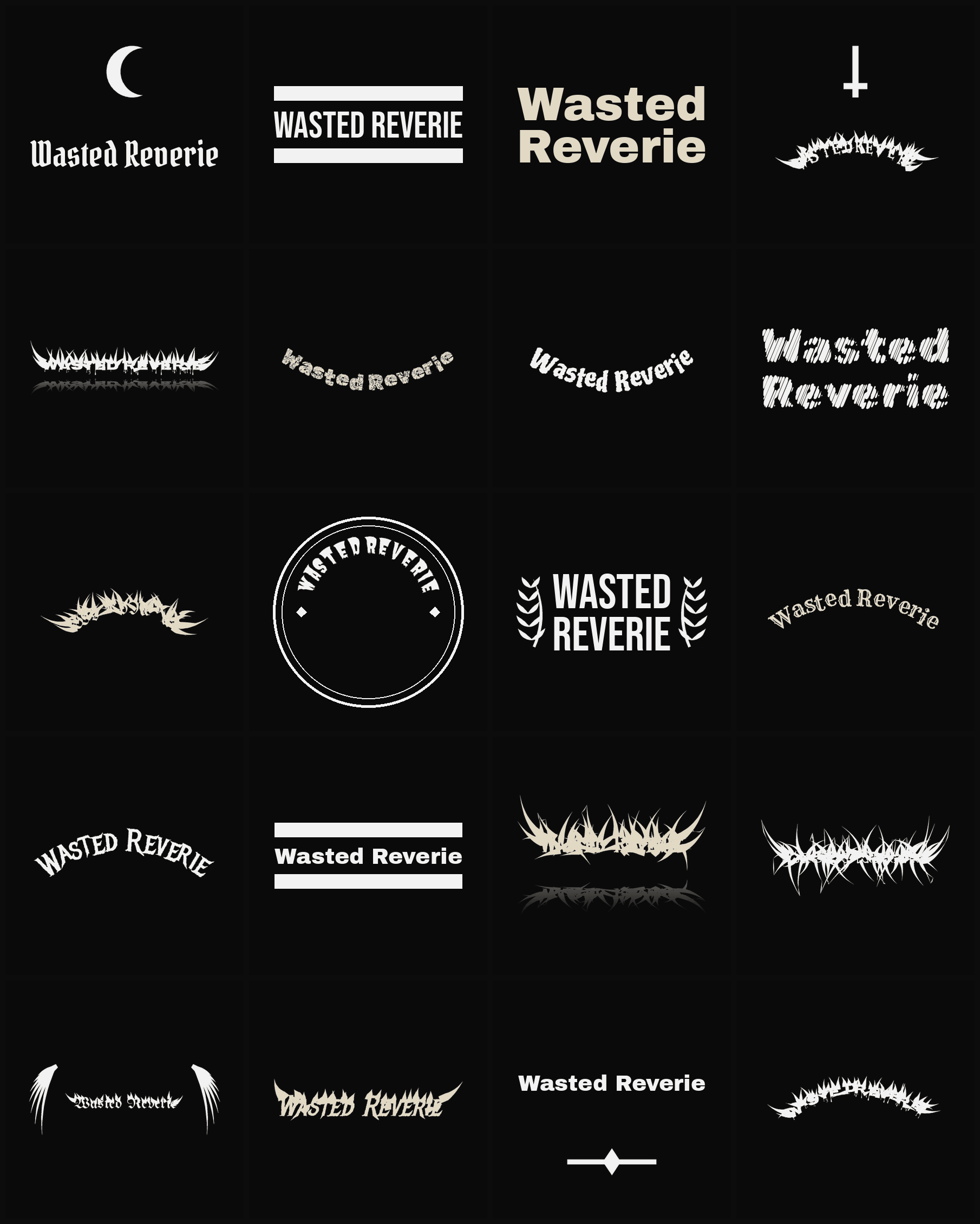 Twenty Wasted Reverie band logo ideas — different faces, treatments and spike settings