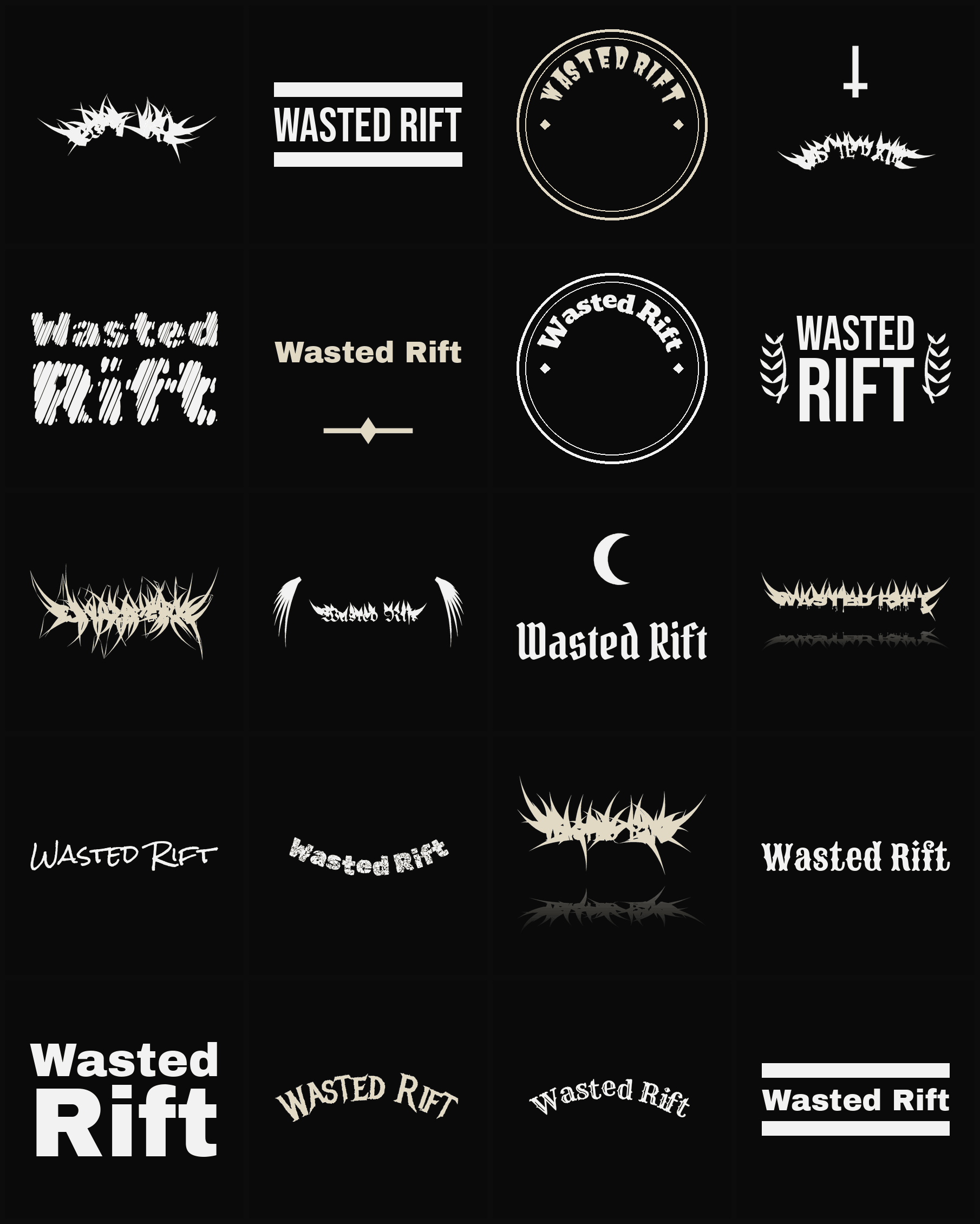 Twenty Wasted Rift band logo ideas — different faces, treatments and spike settings